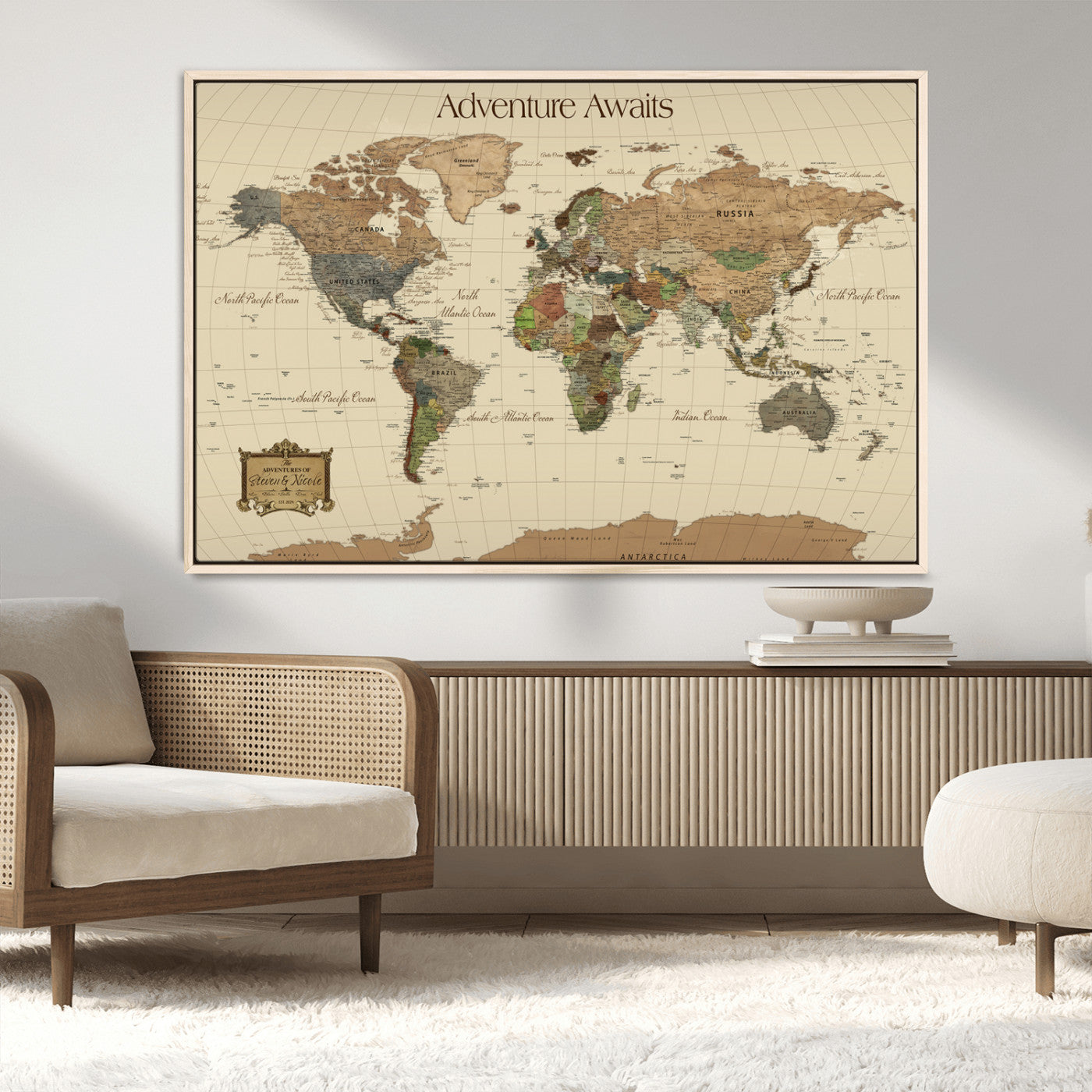 74480507-MGV-CV-36X24-Custom Push Pin World Map Wall Canvas Print – Personalized Travel Tracker with Pins – Framed Custom Quotie Canvas for Home Office Decoration