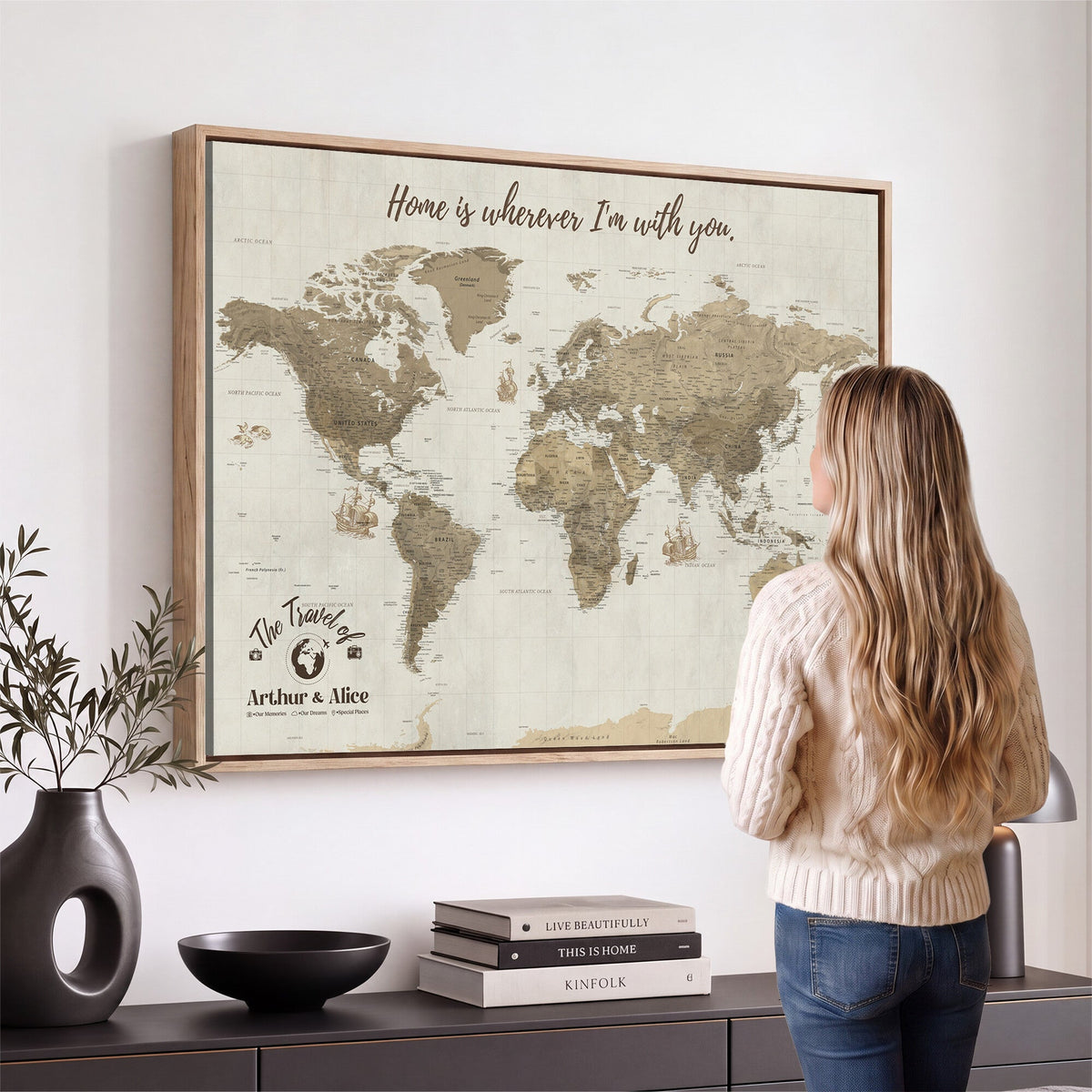 Custom Beige Geometric World Map Canvas with Push Pins, Honeymoon and Anniversary Gift, Dining Room and Hallway Decor