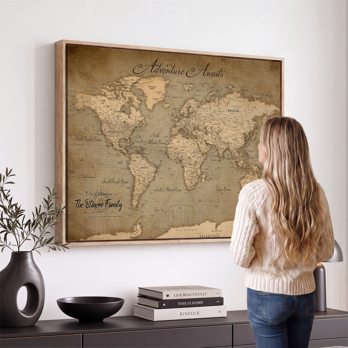Personalized Framed Beige World Travel Map Wall Art with Pins, Family Travel Tracker, Family Room and Entryway Decor