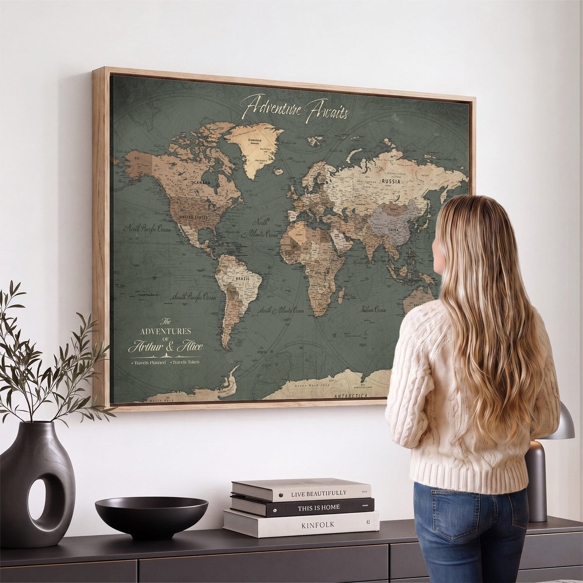 Personalized Framed Beige Modern World Map Canvas with Push Pins, Bucket List Map, Family Room and Dining Room Decor