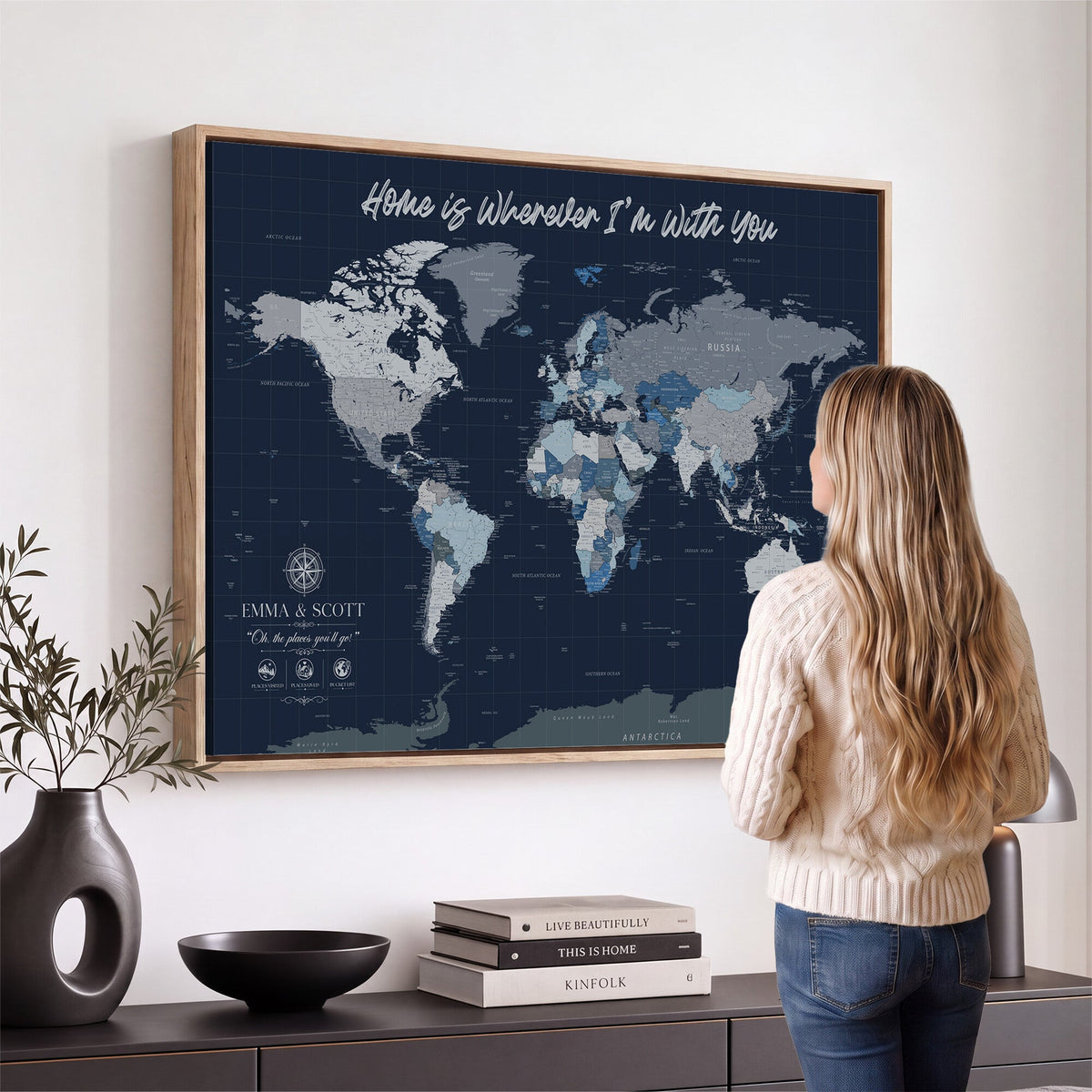 NEWMAP-18-MGV-CV-36X24 - Custom Push Pin World Map Wall Art Canvas Print | Personalized Travel Tracker with Pins Framed Large Print - NEWMAP-18