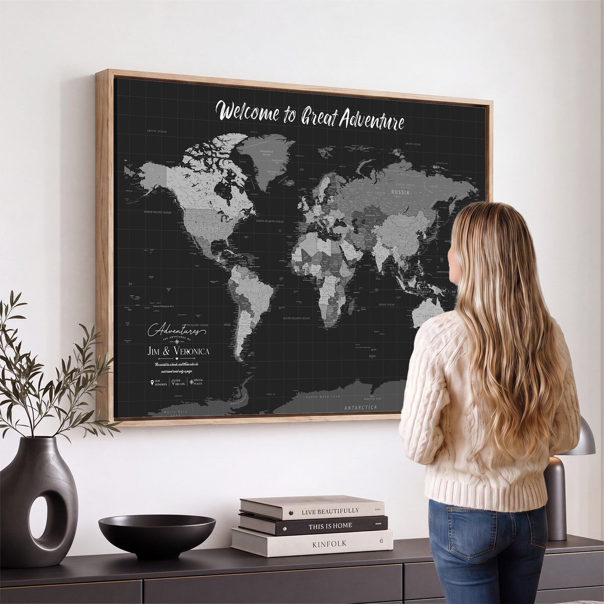 Custom Framed Navy Vintage World Map Canvas with Push Pins, Next Trip Planner Map, Entryway and Hallway Decor