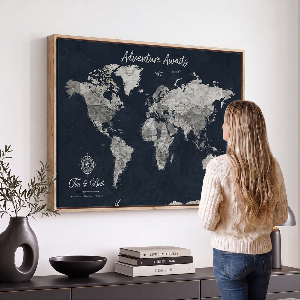 Personalized Framed Beige Vintage Push Pin World Map Wall Art, Bucket List Map, Study and Hallway Decor