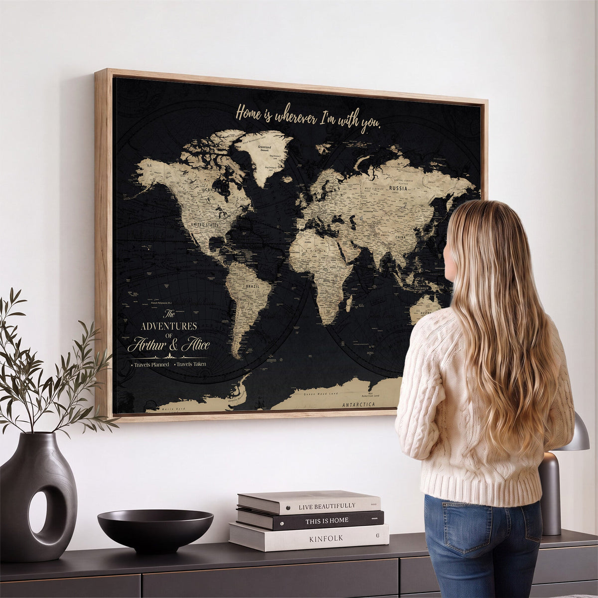 Personalized Framed Beige Modern Push Pin World Map Canvas Print, Places Visited Tracker, Family Room and Bedroom Decor