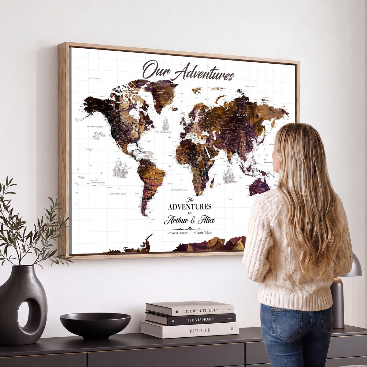 Personalized Framed Beige Vintage Push Pin Travel Map Canvas Print, Next Trip Planner Map, Home Office and Entryway Decor