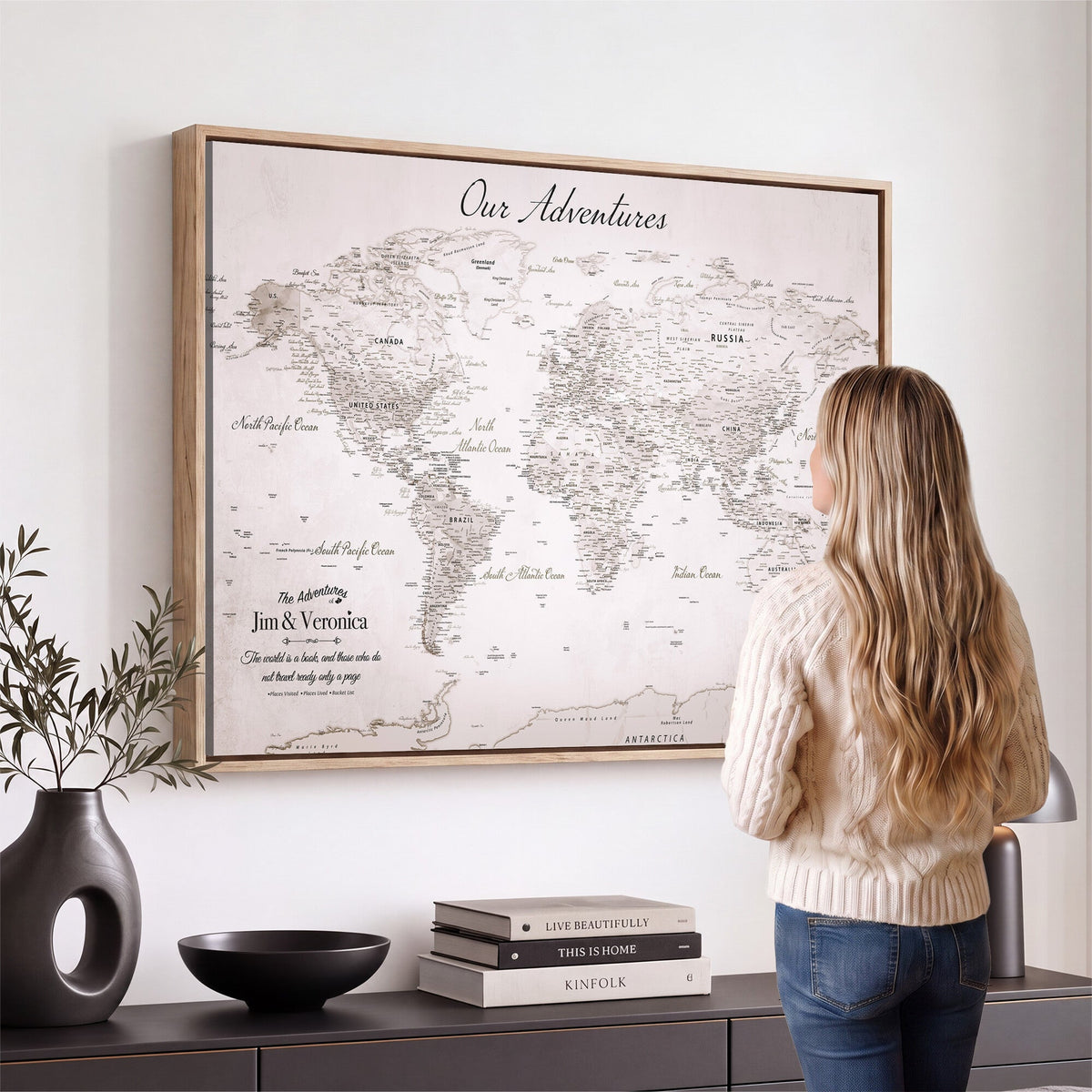 Personalized Beige Vintage World Travel Map Wall Art with Pins, Honeymoon and Anniversary Gift, Entryway and Hallway Decor