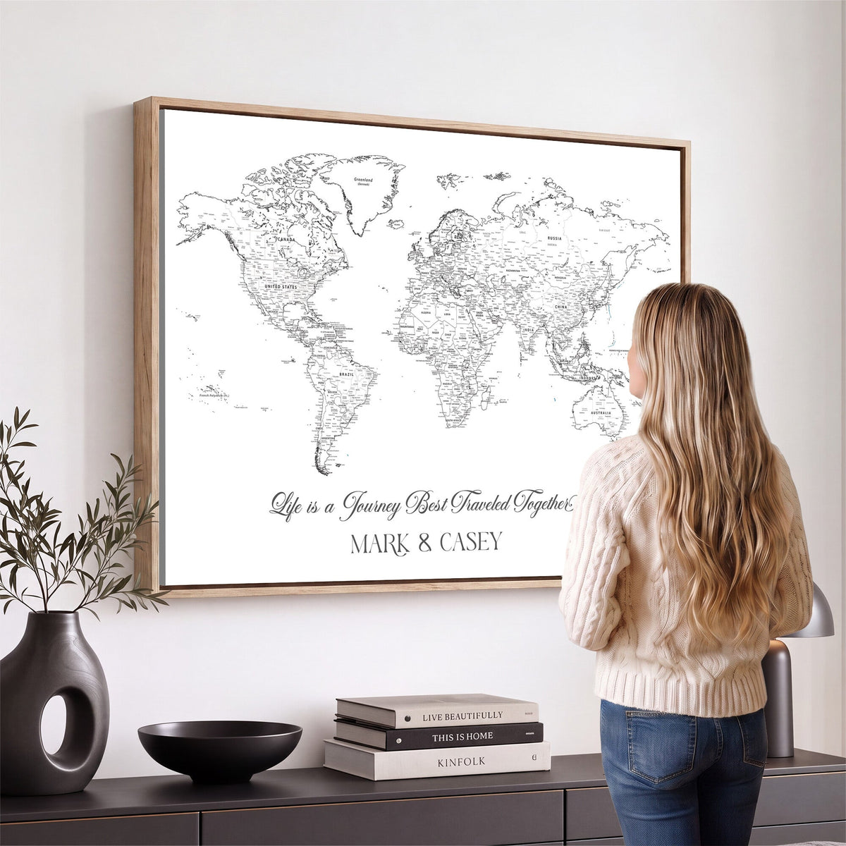 Personalized Framed Beige Modern Push Pin Travel Map Canvas Print, Couples Countries Visited Map, Living Room and Family Room Decor