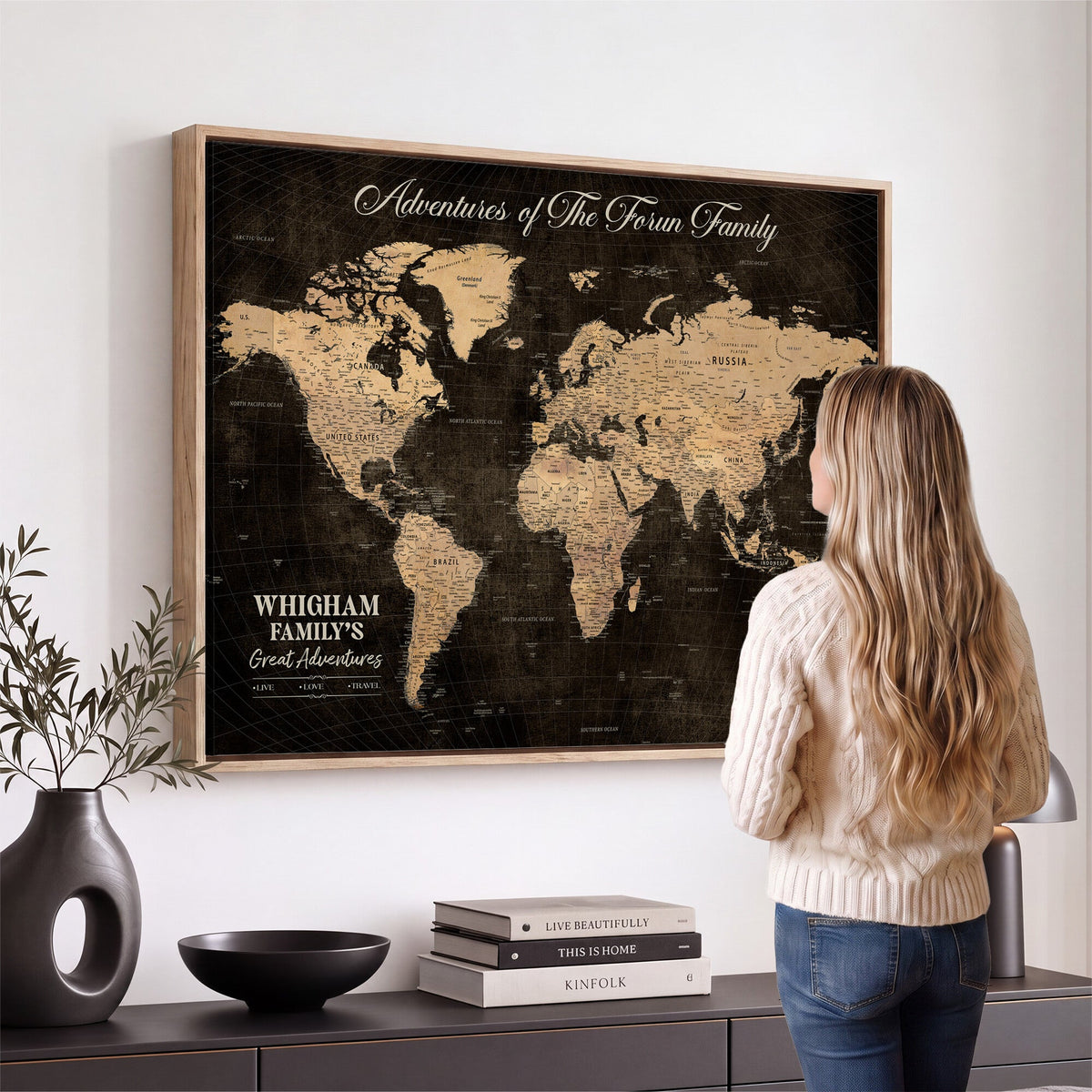 Personalized Framed Beige Geometric Push Pin Travel Map Canvas Print, Honeymoon and Anniversary Gift, Dining Room and Hallway Decor