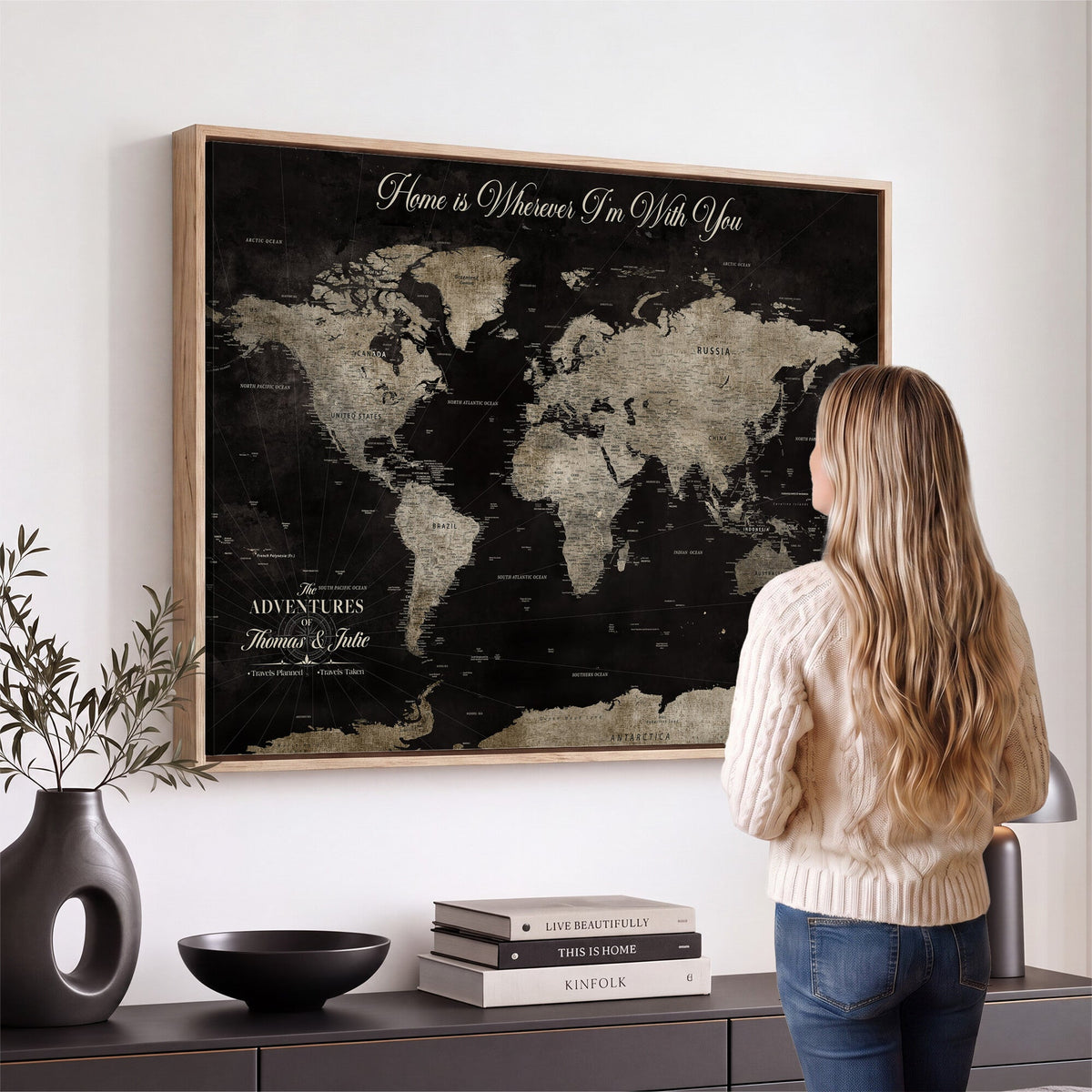 Personalized Framed Black Geometric World Map Canvas with Push Pins, Bucket List Map, Living Room and Dining Room Decor