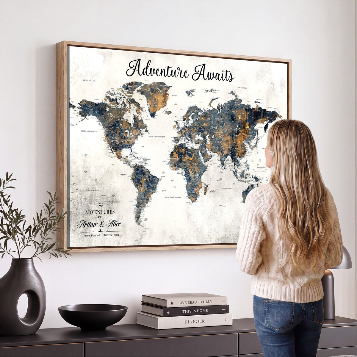 Custom Framed Beige Geometric World Travel Map Wall Art with Pins, Places Visited Tracker, Family Room and Home Office Decor