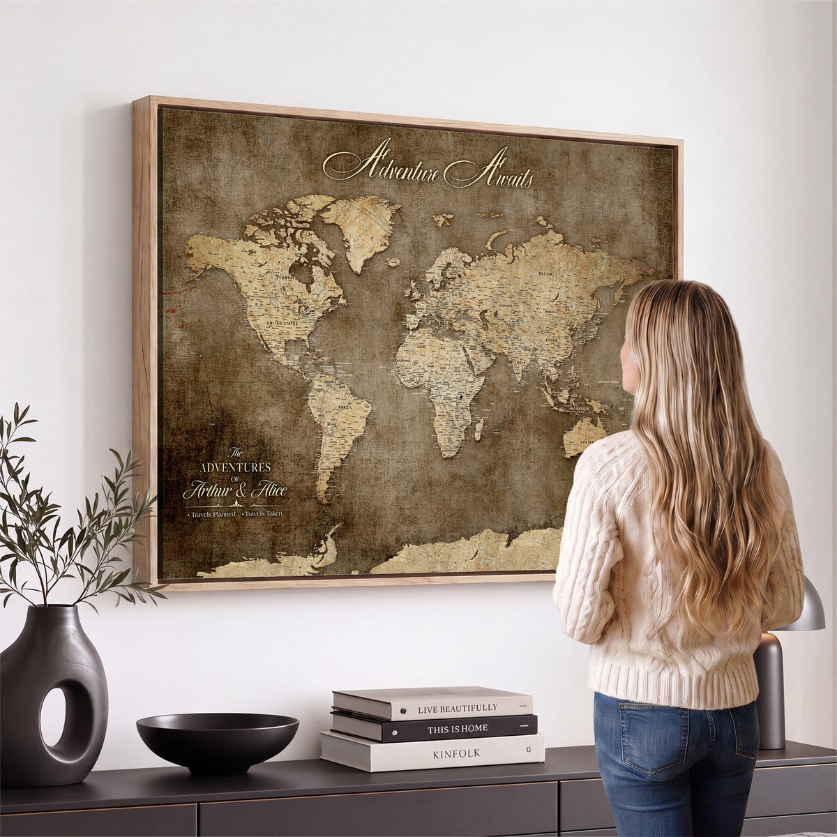 Personalized Framed Beige Push Pin Travel Map Canvas Print, Bucket List Map, Bedroom and Study Decor