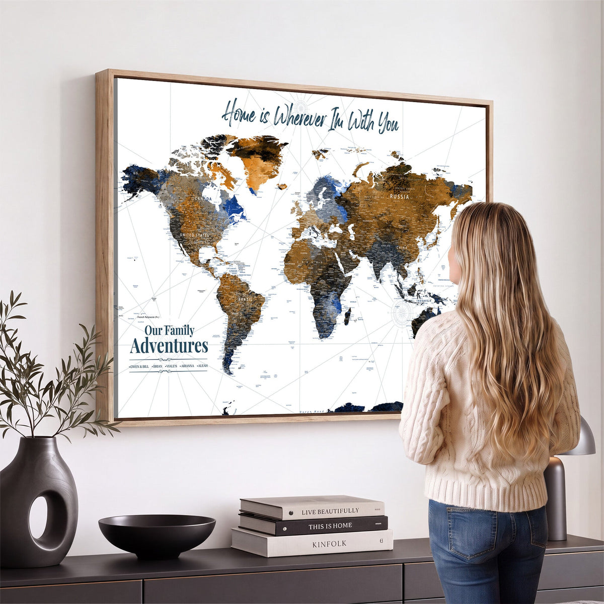 Personalized Framed Beige Modern Push Pin World Map Wall Art, Next Trip Planner Map, Family Room and Home Office Decor