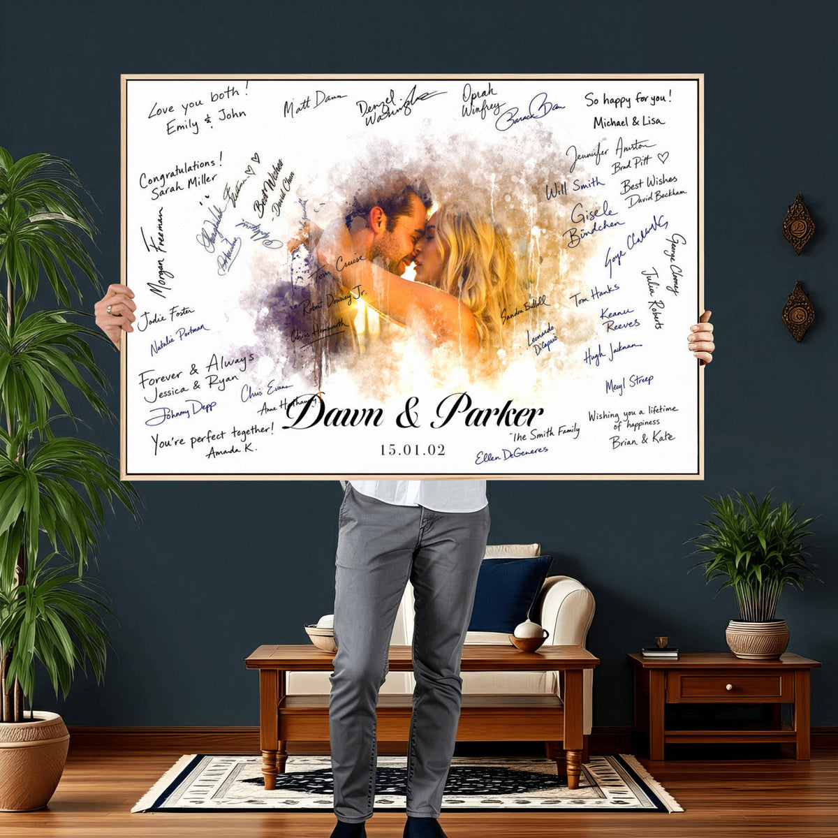 74713307-MGV-CV-36X24 - Wedding Guest Book Alternative Wall Art Canvas Print, Personalized Couple Photo Guestbook Wedding Signature Poster, Custom Couple Photo Guestbook Canvas, Bridal Shower Reception Decor