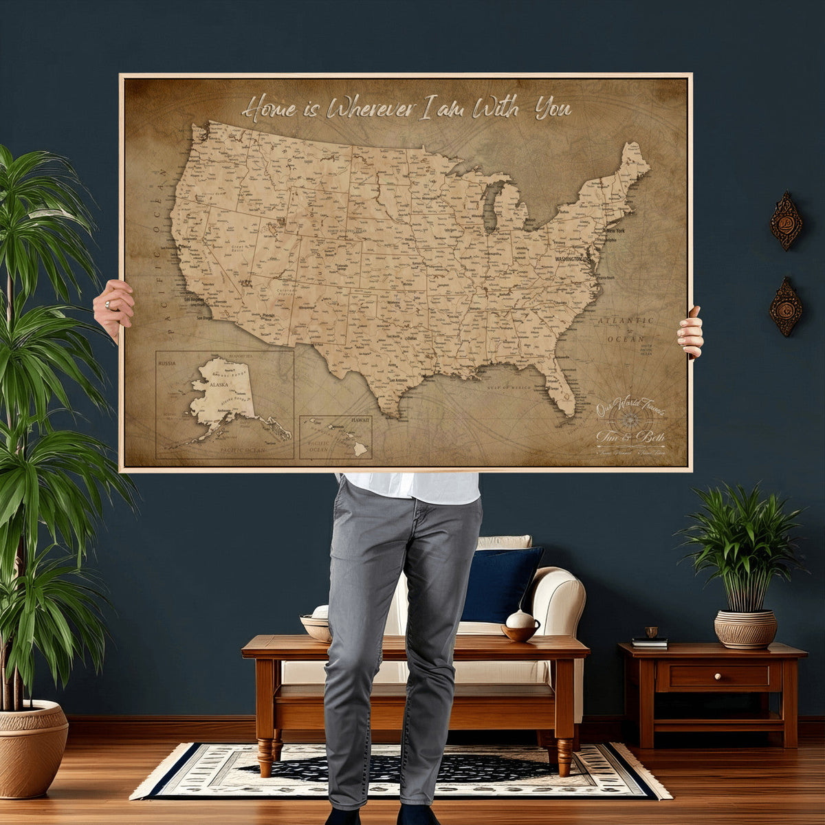 21454917-MGV-CV-36X24 - Personalized USA Push Pin Travel Map, Custom United States Map, Push Pin Map, USA Bucket List Map, Anniversary Gift | Couple Travel Map Wall Art
