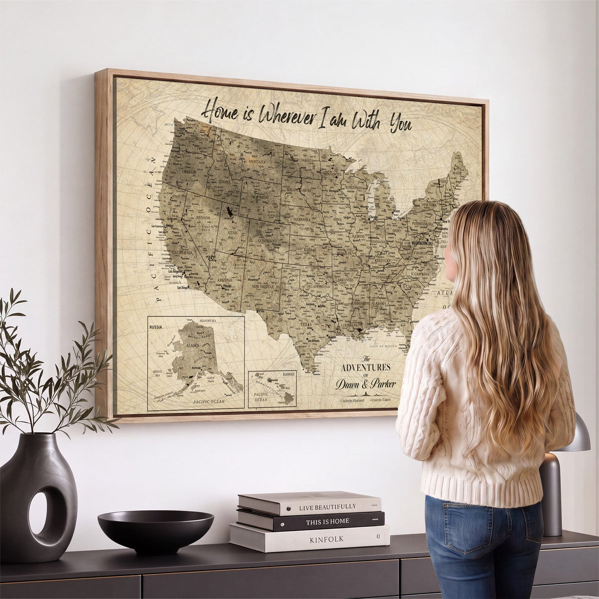 25440520-MGV-CV-36X24 - Detailed Personalized Push Pin United States Map Wall Art, States Visited Map, Office and Hallway Decor