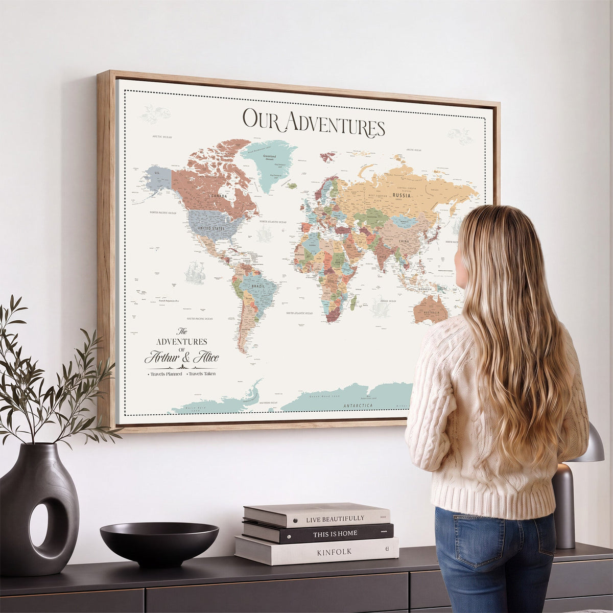 Personalized Framed Navy Push Pin World Map Canvas Print, Next Trip Planner Map, Living Room and Entryway Decor