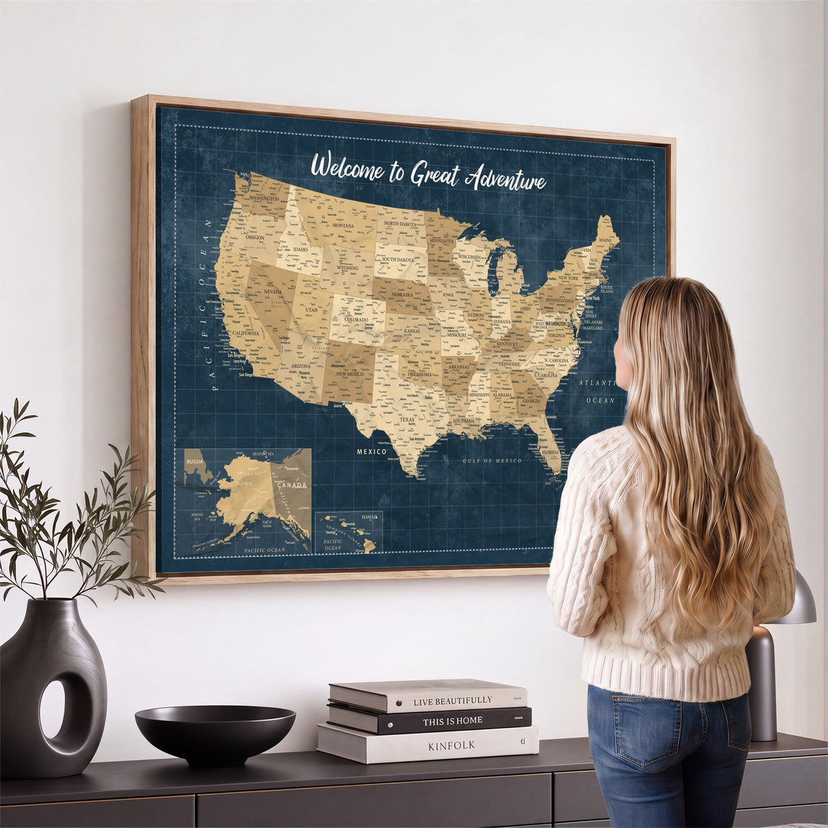 58851035-MGV-CV-36X24 - Custom Cream Push Pin USA Map Canvas Print, 50 State Bucket List Map, Family Room and Hallway Decor