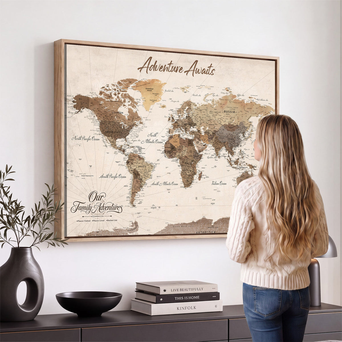 84865191-MGV-CV-36X24 - Our Family Adventures Push Pin World Map Wall Art Canvas Print - Family Travel Tracker Map with Pins