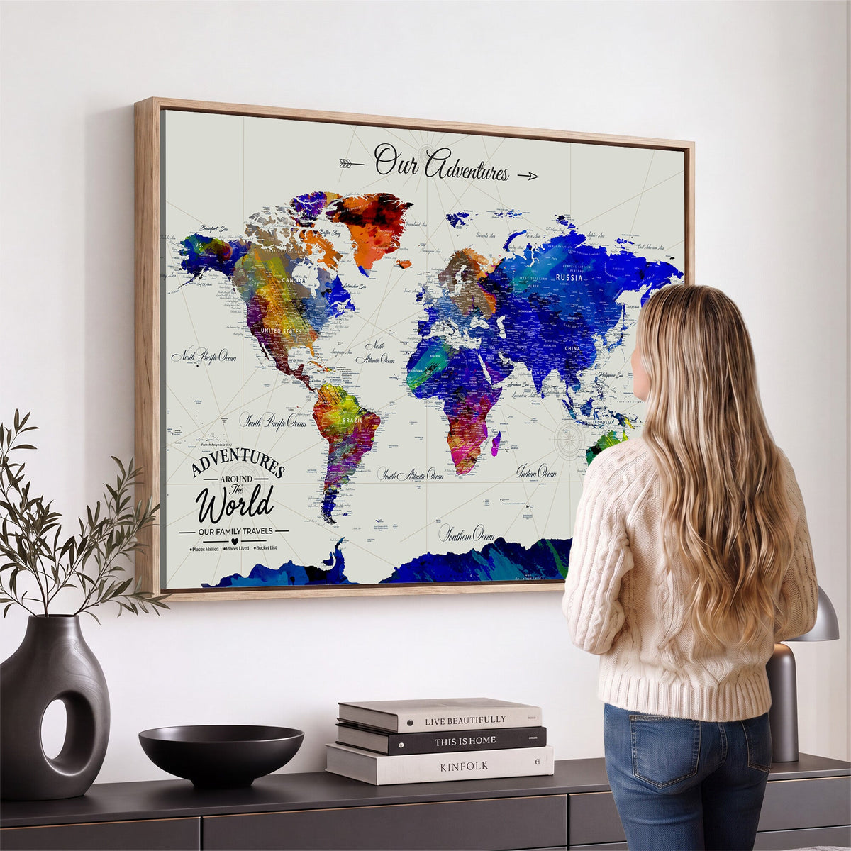 88162438-MGV-CV-36X24 - Our Family Adventures Push Pin World Map Wall Art Canvas Print | Family Travel Tracker Map with Pins