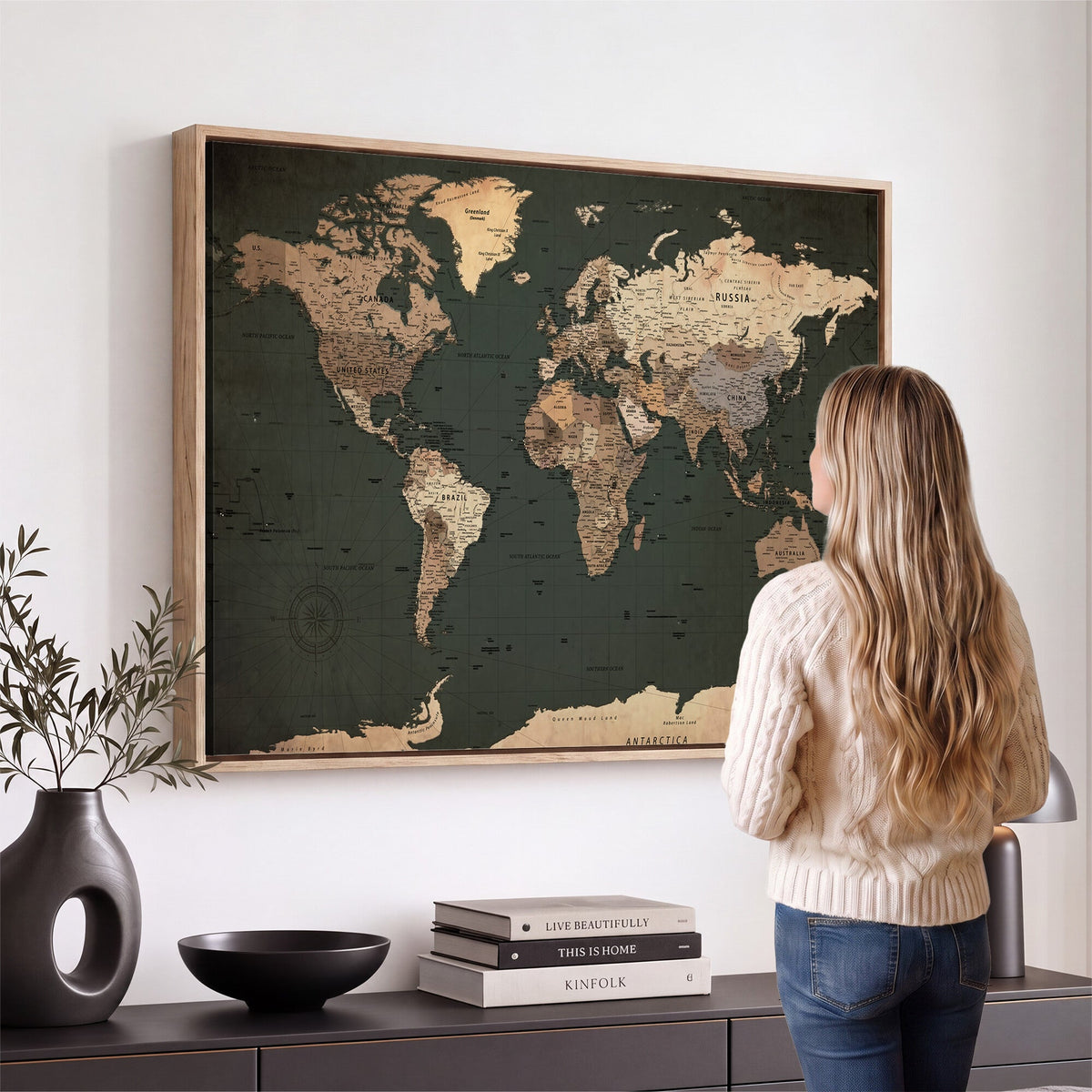 42327656-MGV-CV-36X24 - Extra Large Framed Personalize Push Pin World Map Wall Art Canvas Print for Travel Tracking - NEWMAP-116