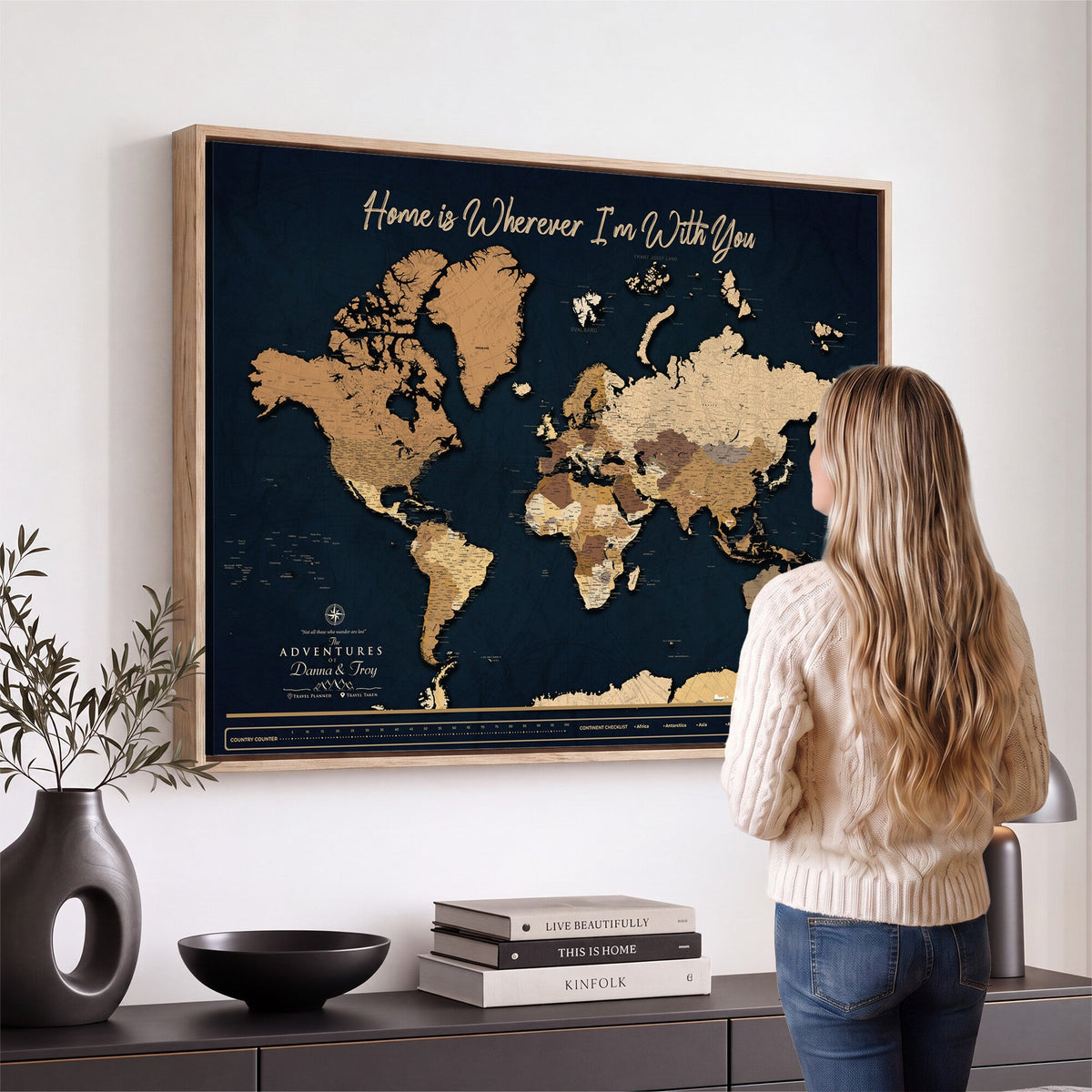 13903533-MGV-CV-36X24 - Extra Large Framed Personalize Push Pin World Map Wall Art Canvas Print for Travel Tracking - NEWMAP-152