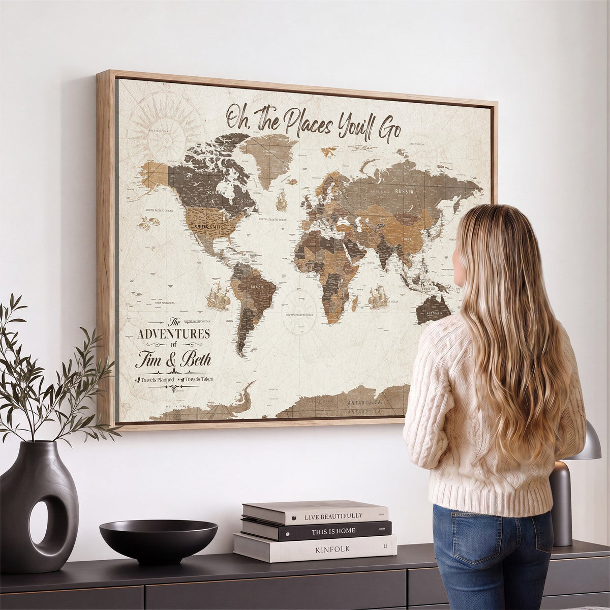 Personalized Beige Geometric Family Push Pin World Map Canvas Print, Honeymoon and Anniversary Gift, Living Room and Study Decor