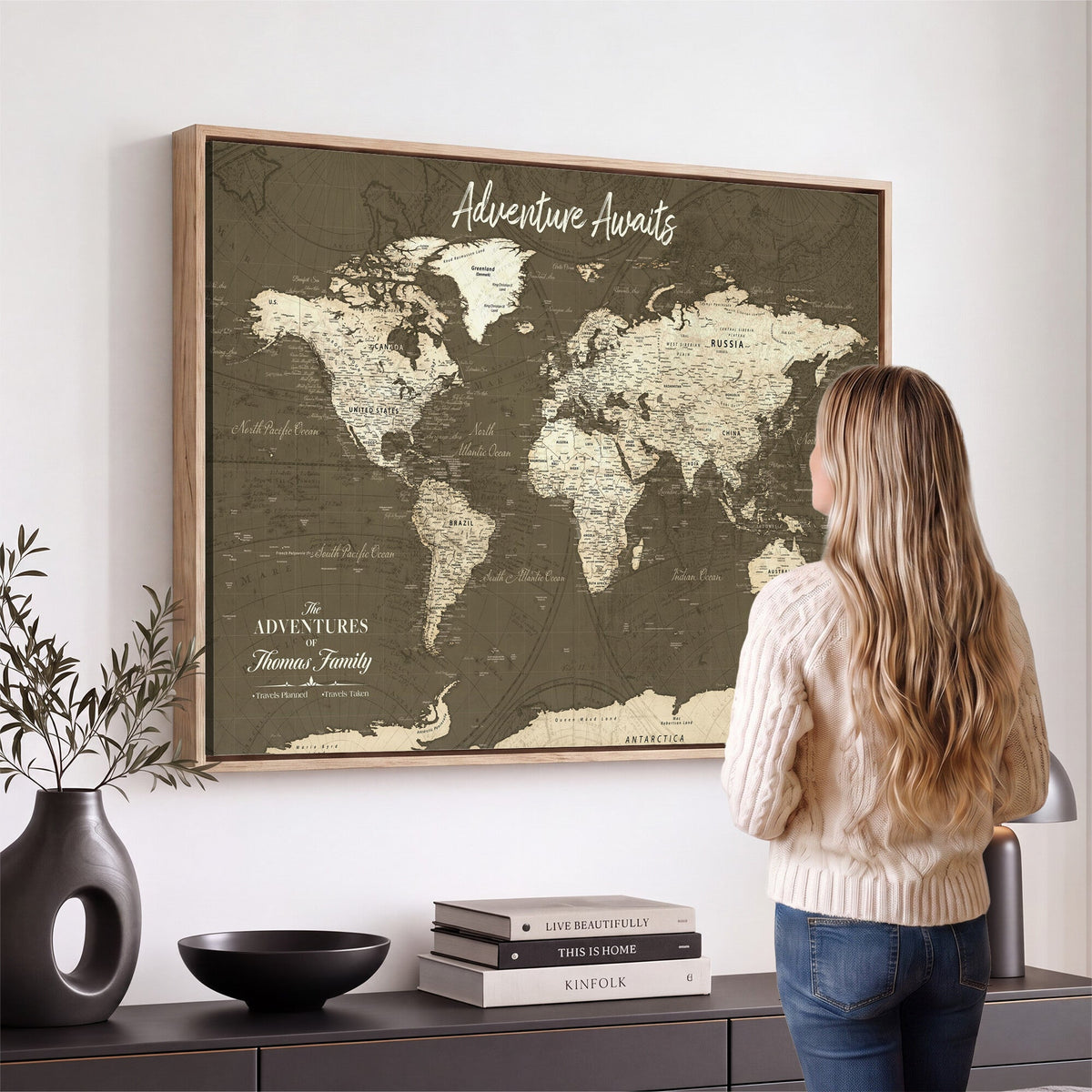 Personalized White Modern World Travel Map Wall Art with Pins, Honeymoon and Anniversary Gift, Living Room and Dining Room Decor