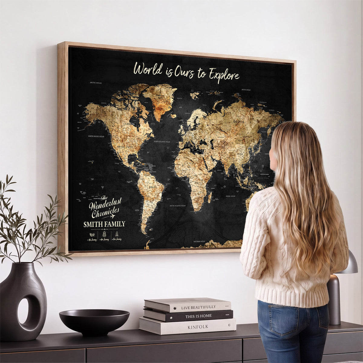Personalized Beige Push Pin Travel Map Canvas Print, Family Travel Tracker, Bedroom and Entryway Decor