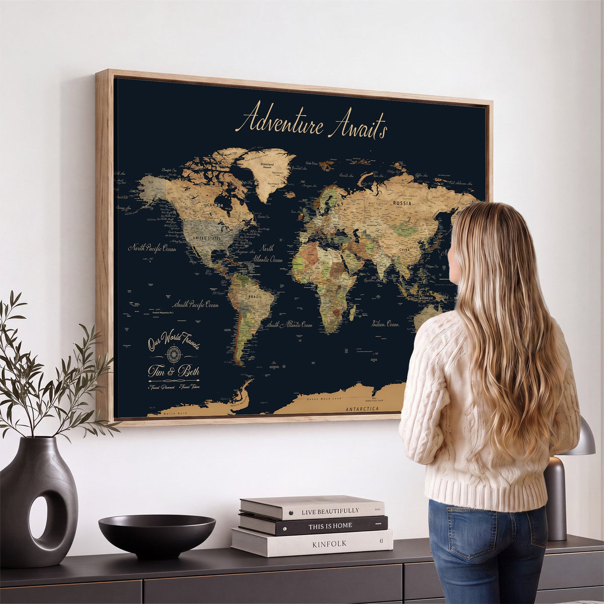 Custom Beige Push Pin World Map Wall Art, Family Travel Tracker, Home Office and Study Decor