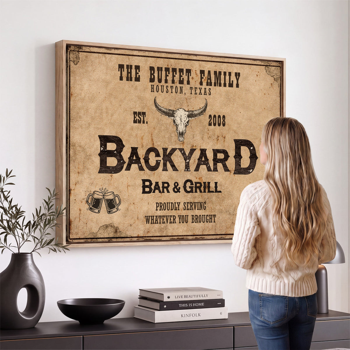 Custom Backyard Bar & Grill Sign Canvas, Personalized Family Name Sign