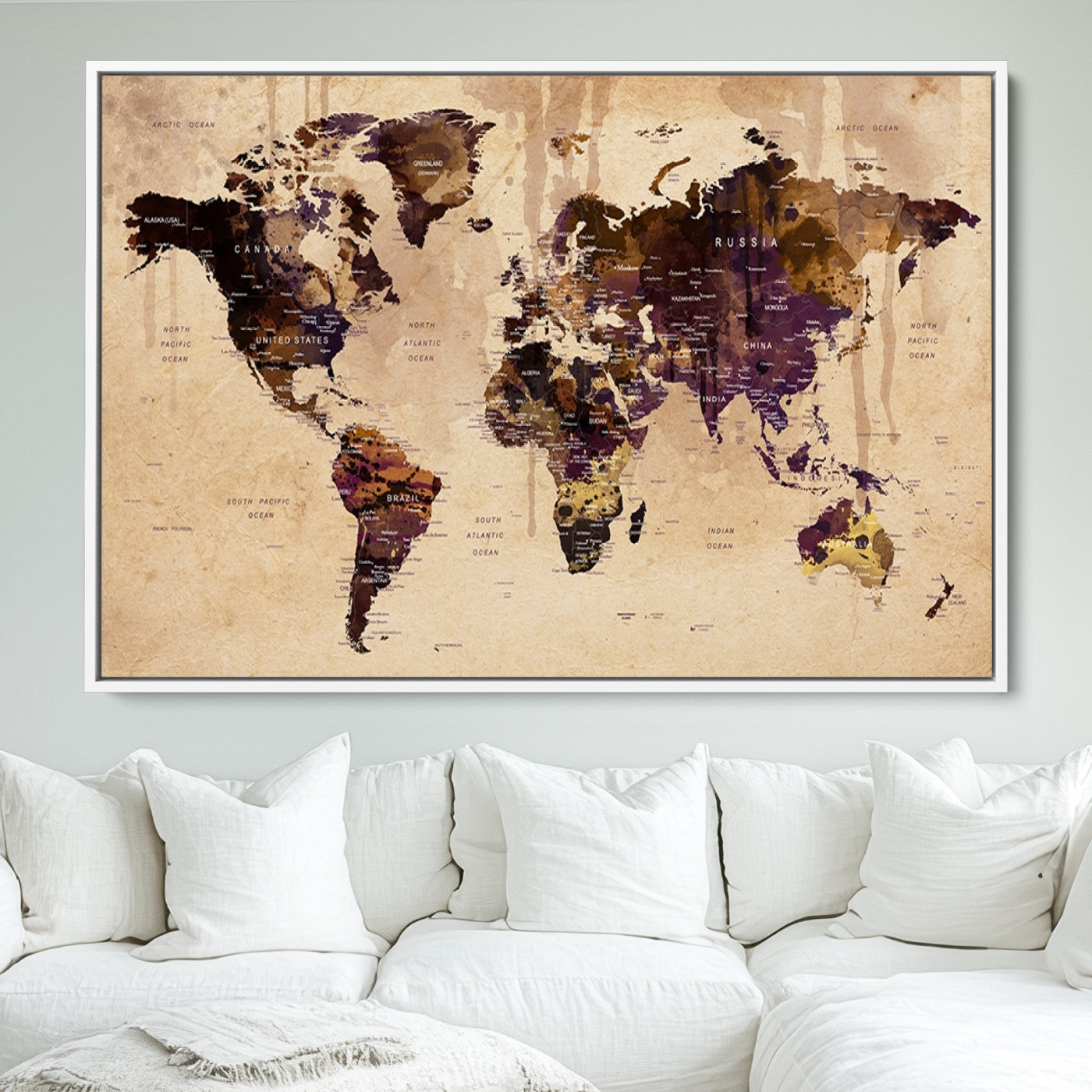 Push Pin World Map Canvas Print – Framed Wall Art for Couples to Track Their Travels – Anniversary Gift or Home Adventure Decor