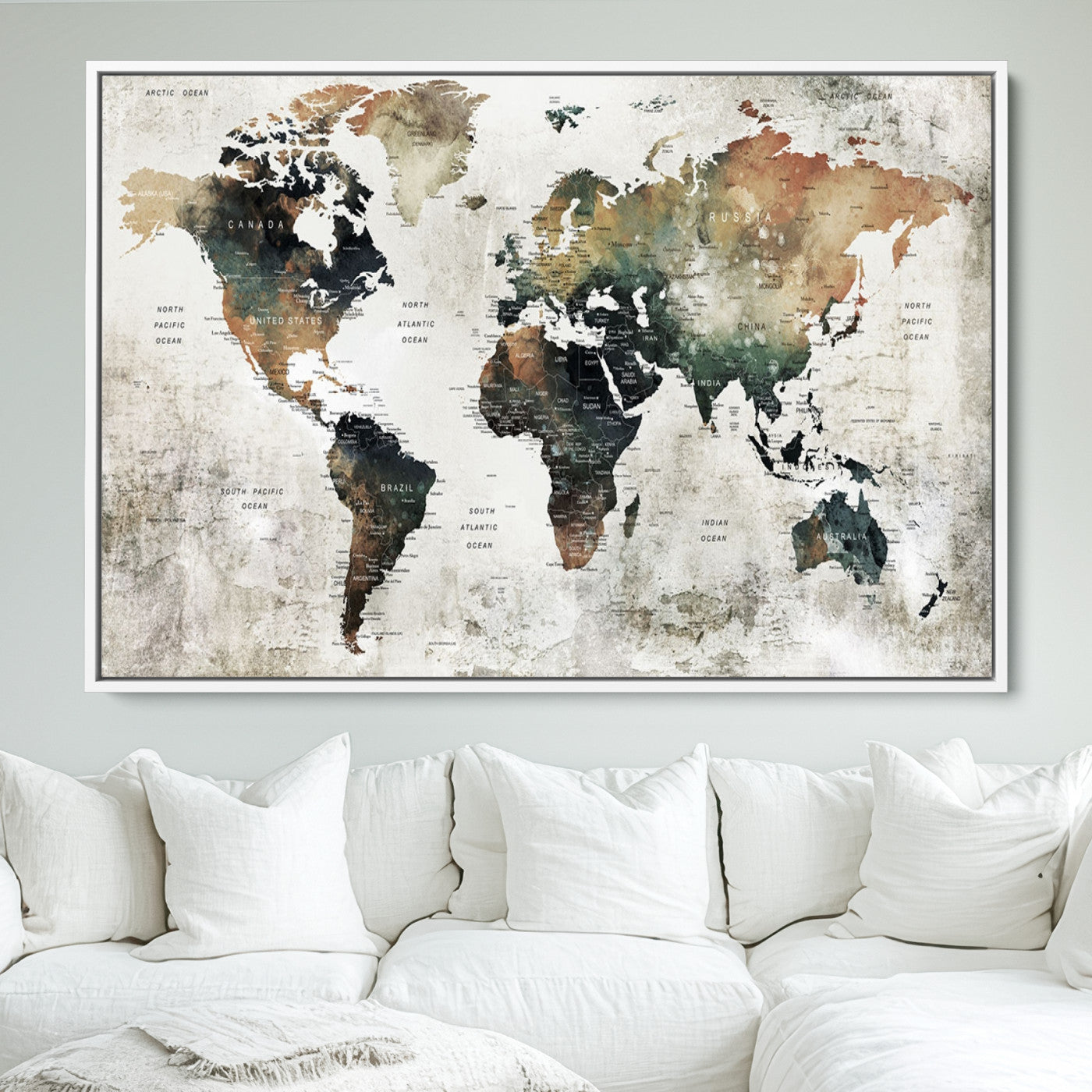 Push Pin World Map Canvas Print – Framed Wall Art for Couples to Track Their Travels – Anniversary Gift or Home Adventure Decor