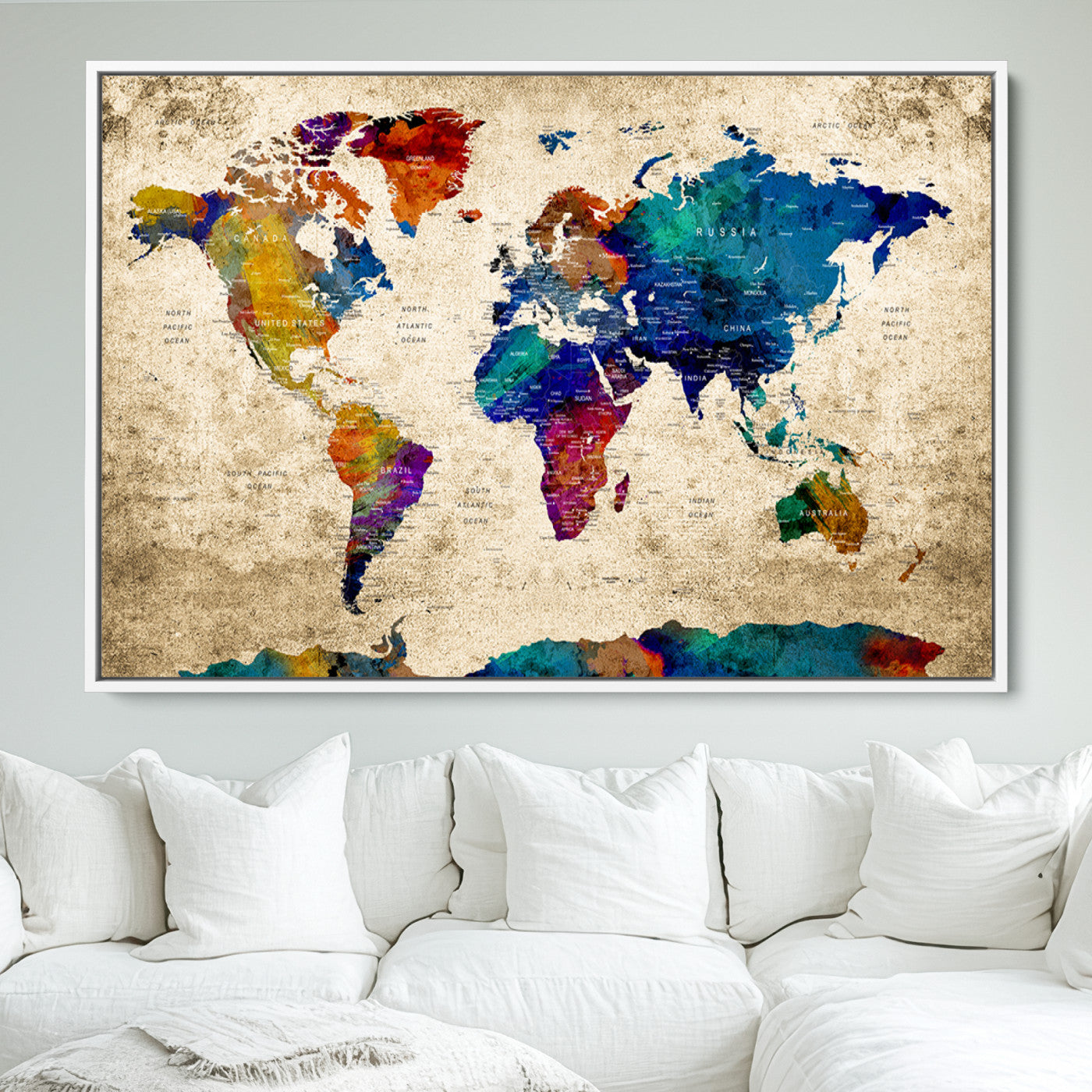 Push Pin World Map Canvas Print – Framed Wall Art for Couples to Track Their Travels – Anniversary Gift or Home Adventure Decor