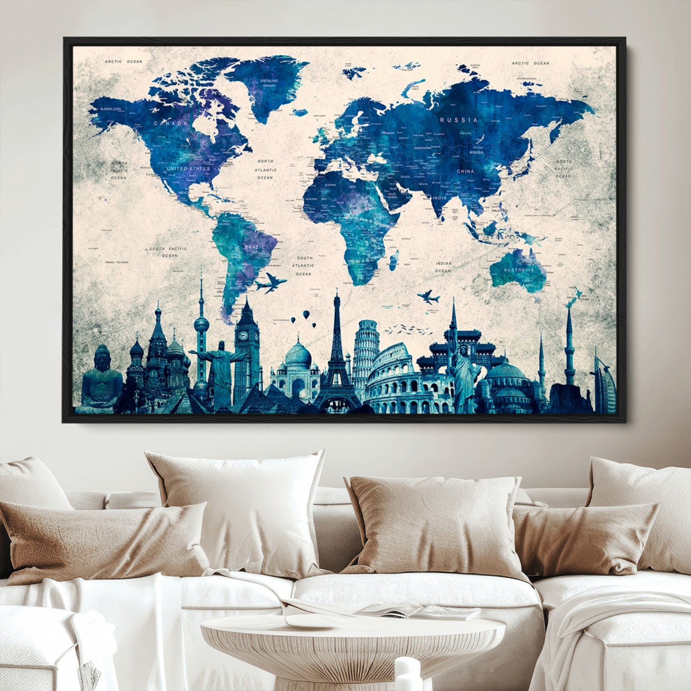Navy Blue World Map Canvas Print, Wonder of World Map Push Pin Canvas Print