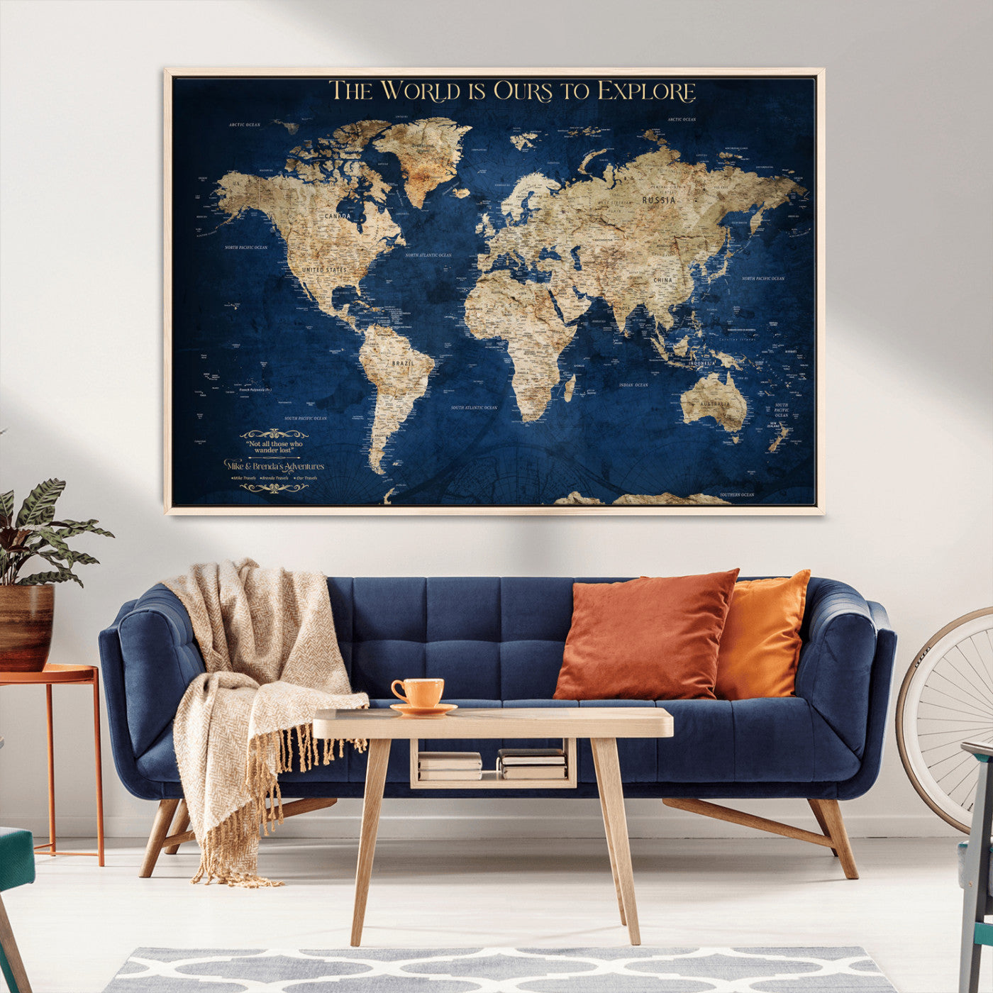 Custom World Map Wall Art – Personalized Framed Canvas Print with Push Pins for Travel Tracking, Anniversary or Couple Gift Ideas - H2-2