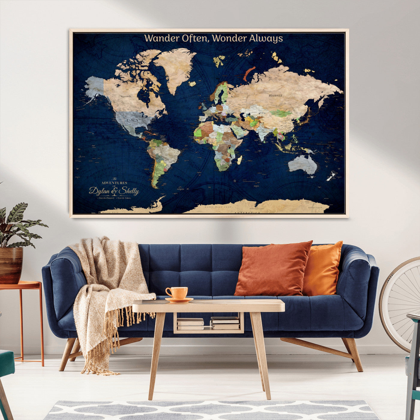 12399561-MGV-CV-30X20-Personalized World Map Print, Customizable Push Pin Framed World Map Print on Canvas - Custom Quote on Map Print