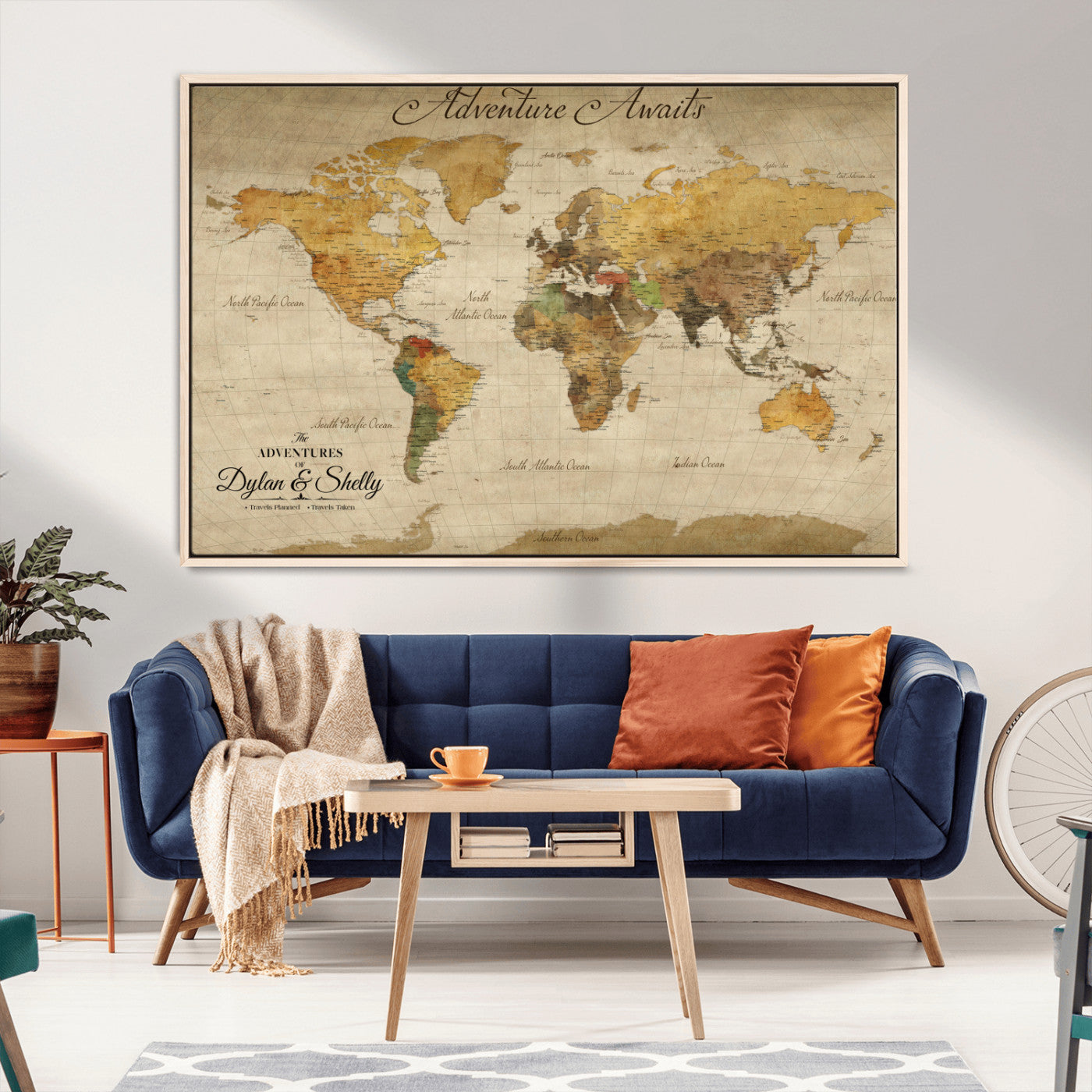 50298017-MGV-CV-36X24-Personalized World Map Print, Customizable Push Pin Framed World Map Print on Canvas - Custom Quote on Map Print