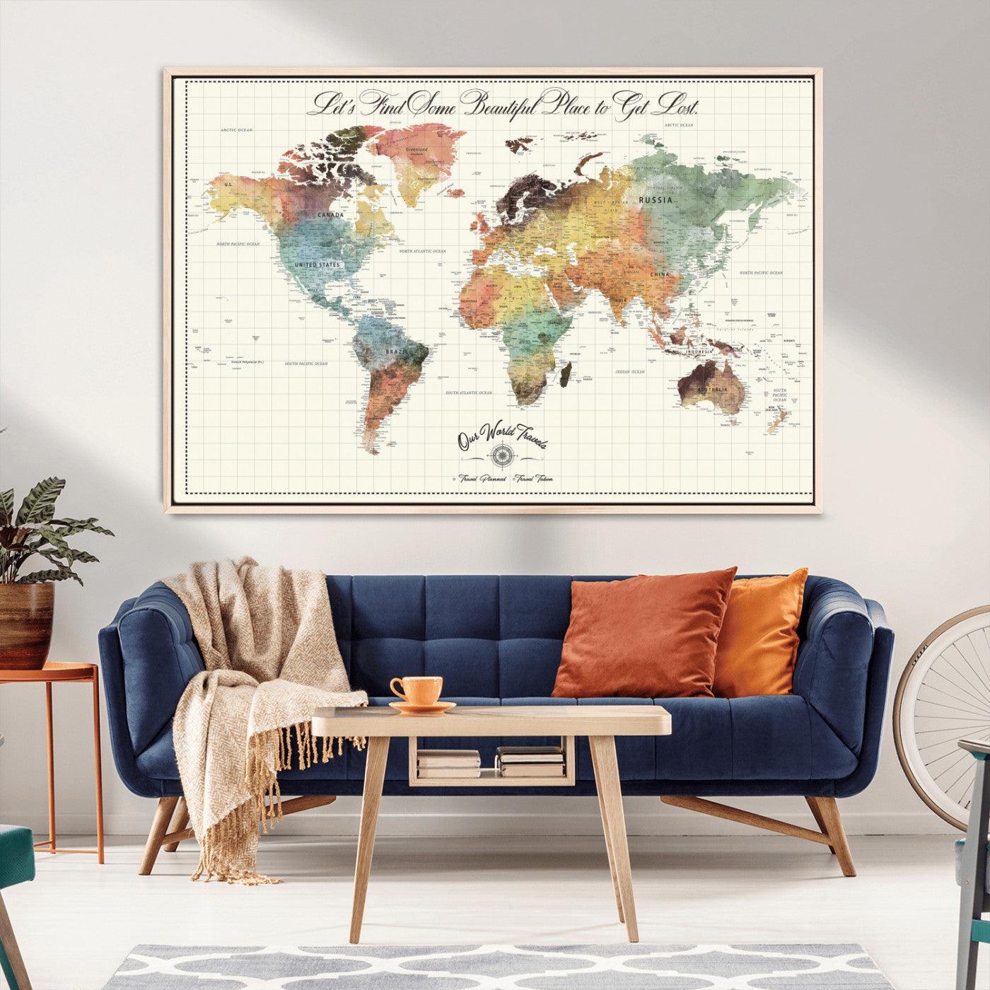 29289638-MGV-CV-36X24-Personalized World Map Print - Customizable Push Pin Framed World Map Print on Canvas - Custom Quote on Map Print