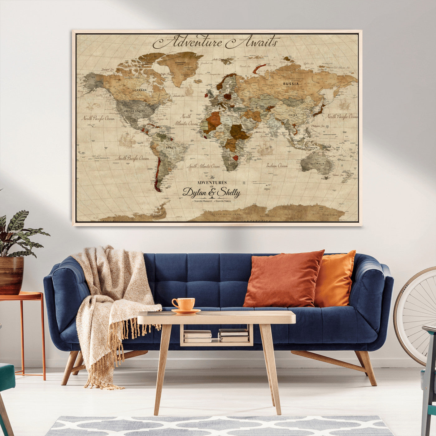 29054239-MGV-CV-36X24-Personalized World Map Print - Customizable Push Pin Framed World Map Print on Canvas - Custom Quote on Map Print