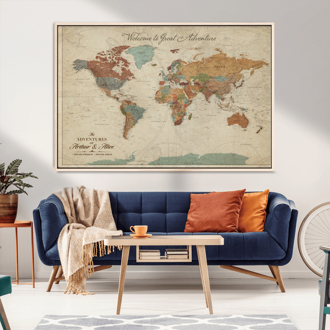 54152425-MGV-CV-36X24-Custom Push Pin World Map Wall Canvas Print – Personalized Travel Tracker with Pins – Framed Custom Map Quotie Canvas for Home Office Decor