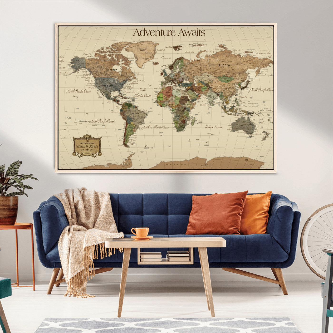 74480507-MGV-CV-36X24-Custom Push Pin World Map Wall Canvas Print – Personalized Travel Tracker with Pins – Framed Custom Quotie Canvas for Home Office Decoration