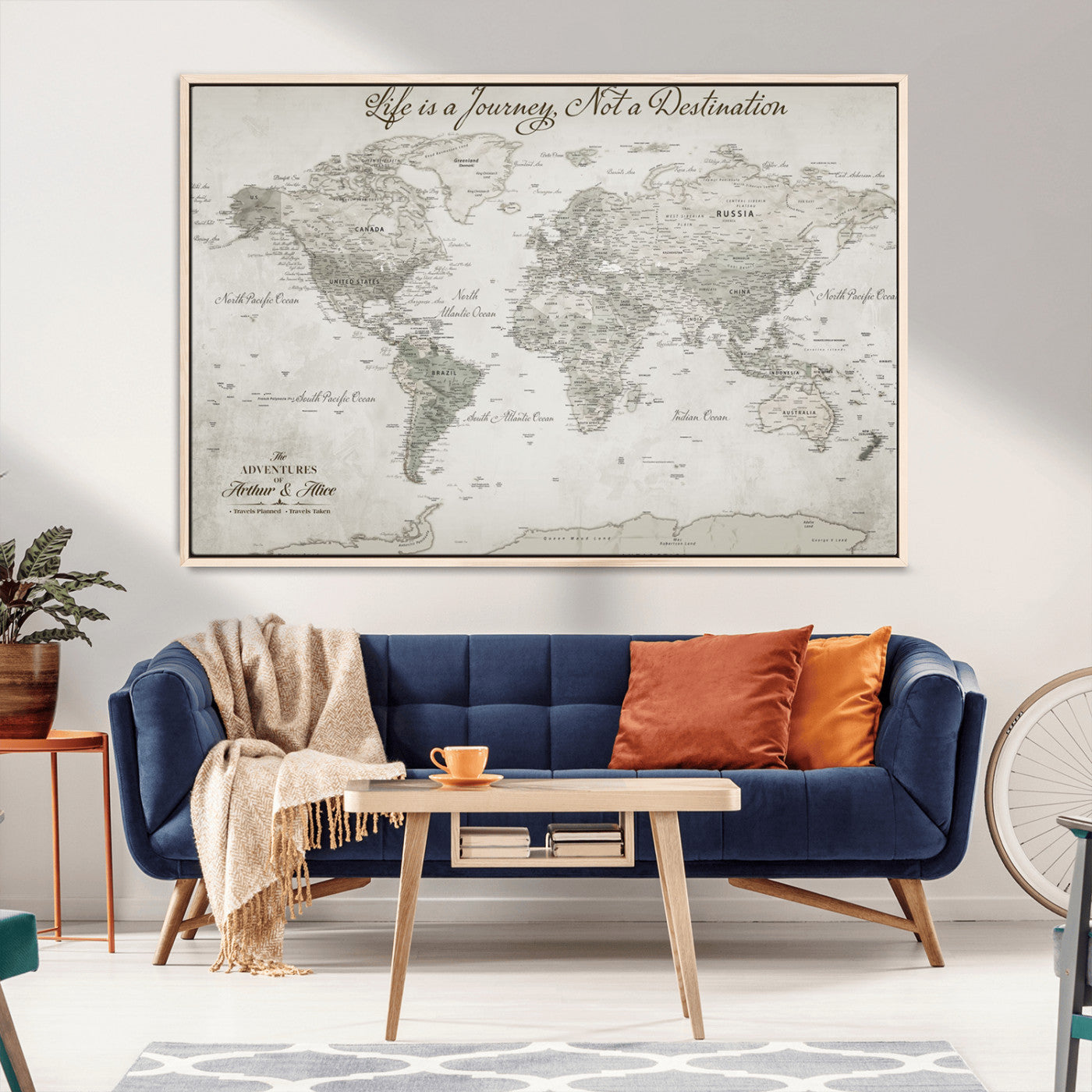 Custom Push Pin World Map Wall Canvas Print – Personalized Travel Tracker with Pins – Framed Custom Quotie Canvas for Home Office Decor