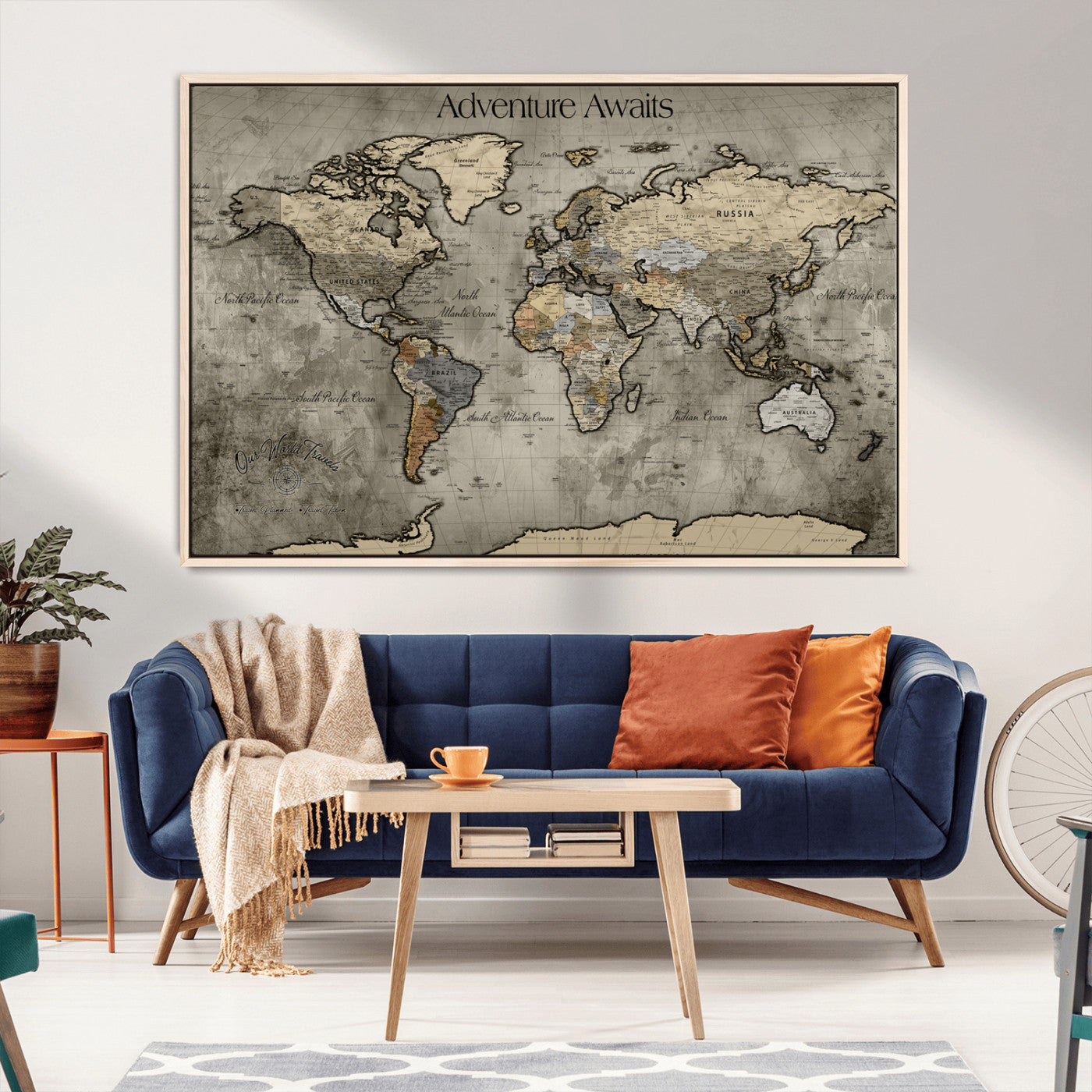 60740187-MGV-CV-36X24-Tree Rings Wall Art Canvas Print, Framed Wood Texture Art Picture Print, Blue Grain Perfect Rustic Modern Decor Artwork, Wood Texture Wall