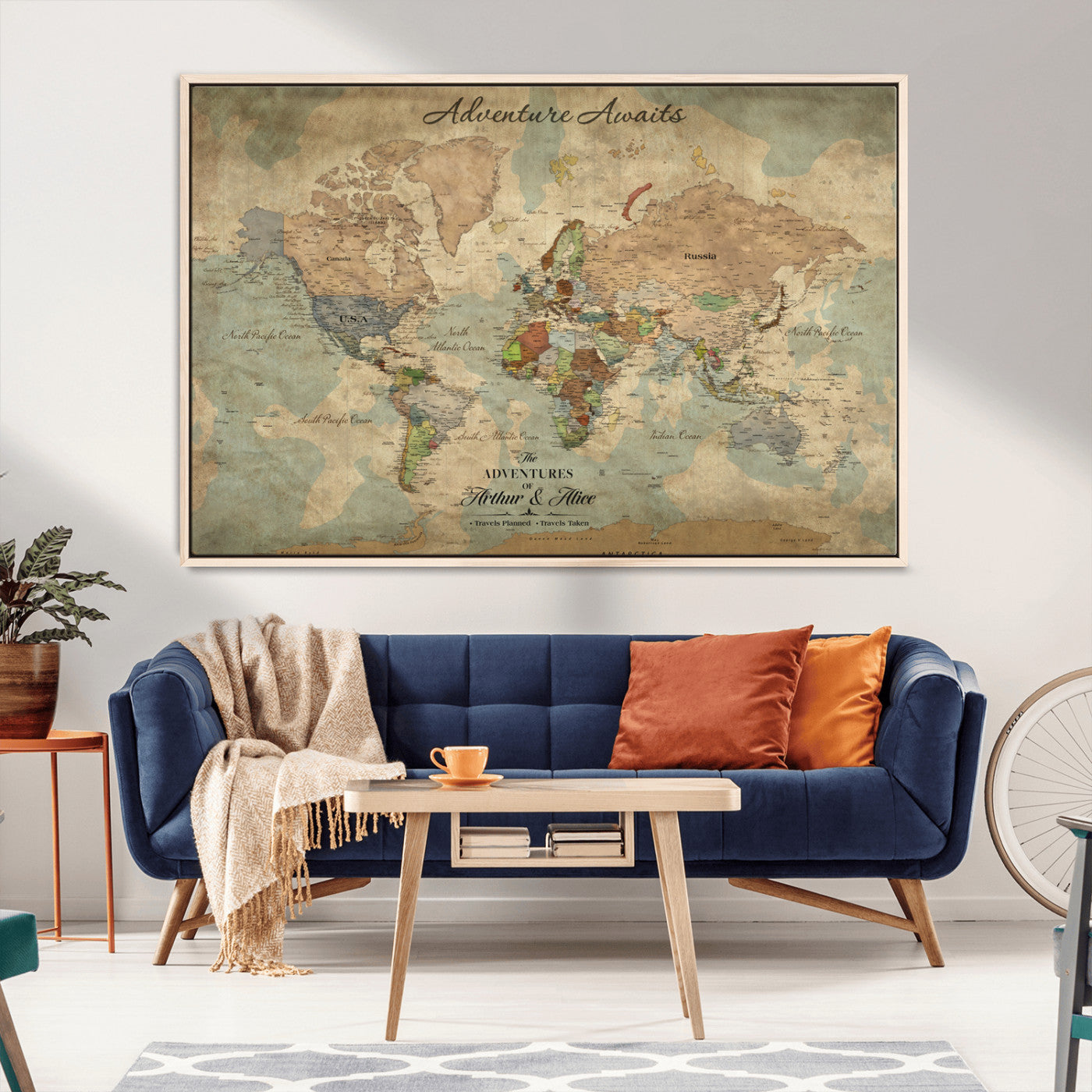 60798273-MGV-CV-30X20-Custom Push Pin World Map Wall Canvas Print – Personalized Travel Tracker with Pins – Framed Custom Quotie Canvas for Home Office Decor