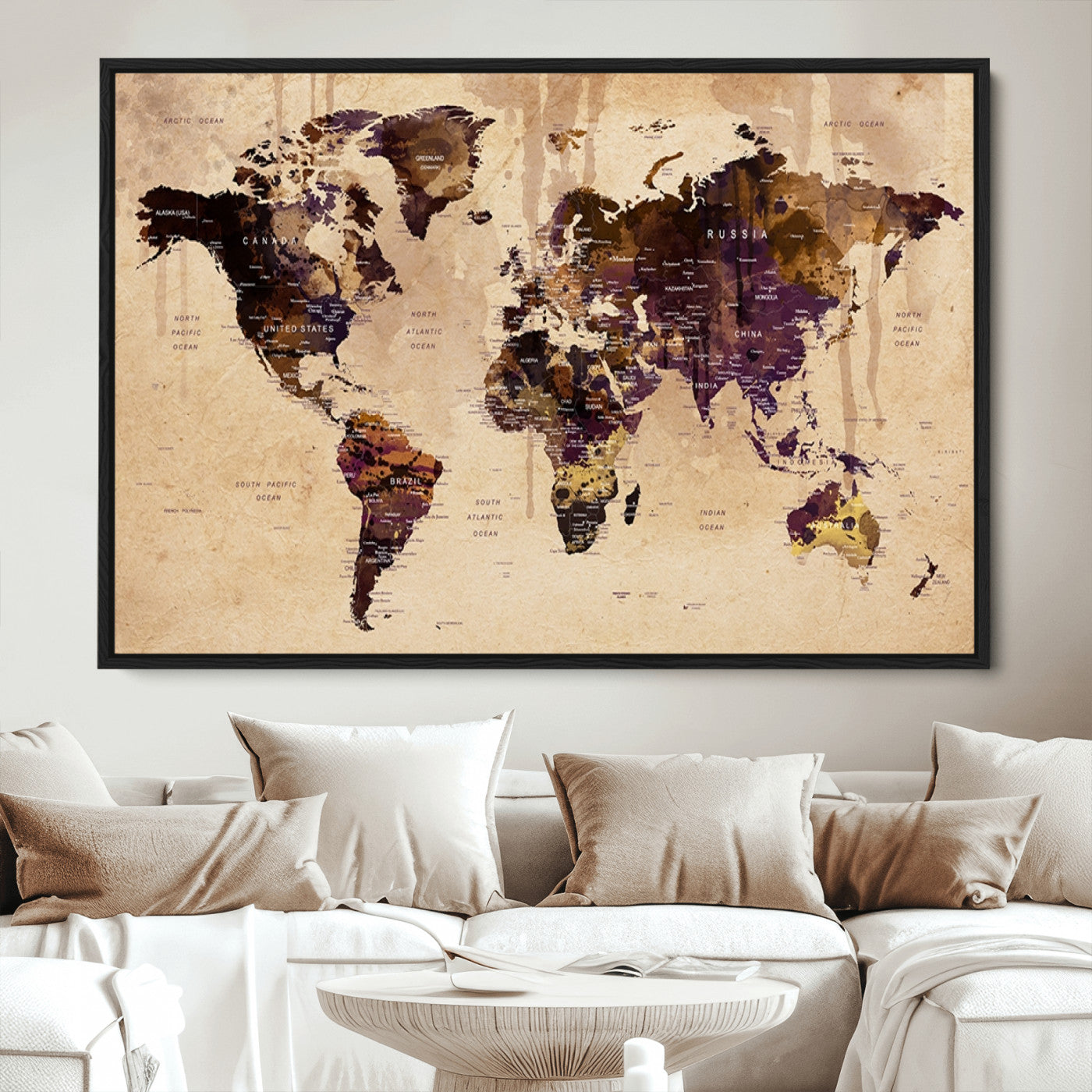 Push Pin World Map Canvas Print – Framed Wall Art for Couples to Track Their Travels – Anniversary Gift or Home Adventure Decor