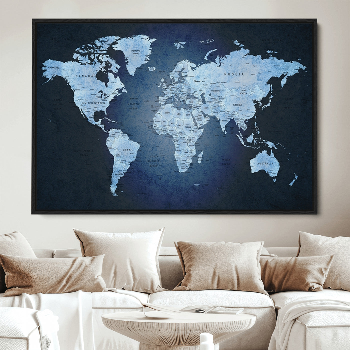Push Pin World Map Canvas Print – Framed Wall Art for Couples to Track Their Travels – Anniversary Gift or Home Adventure Decor