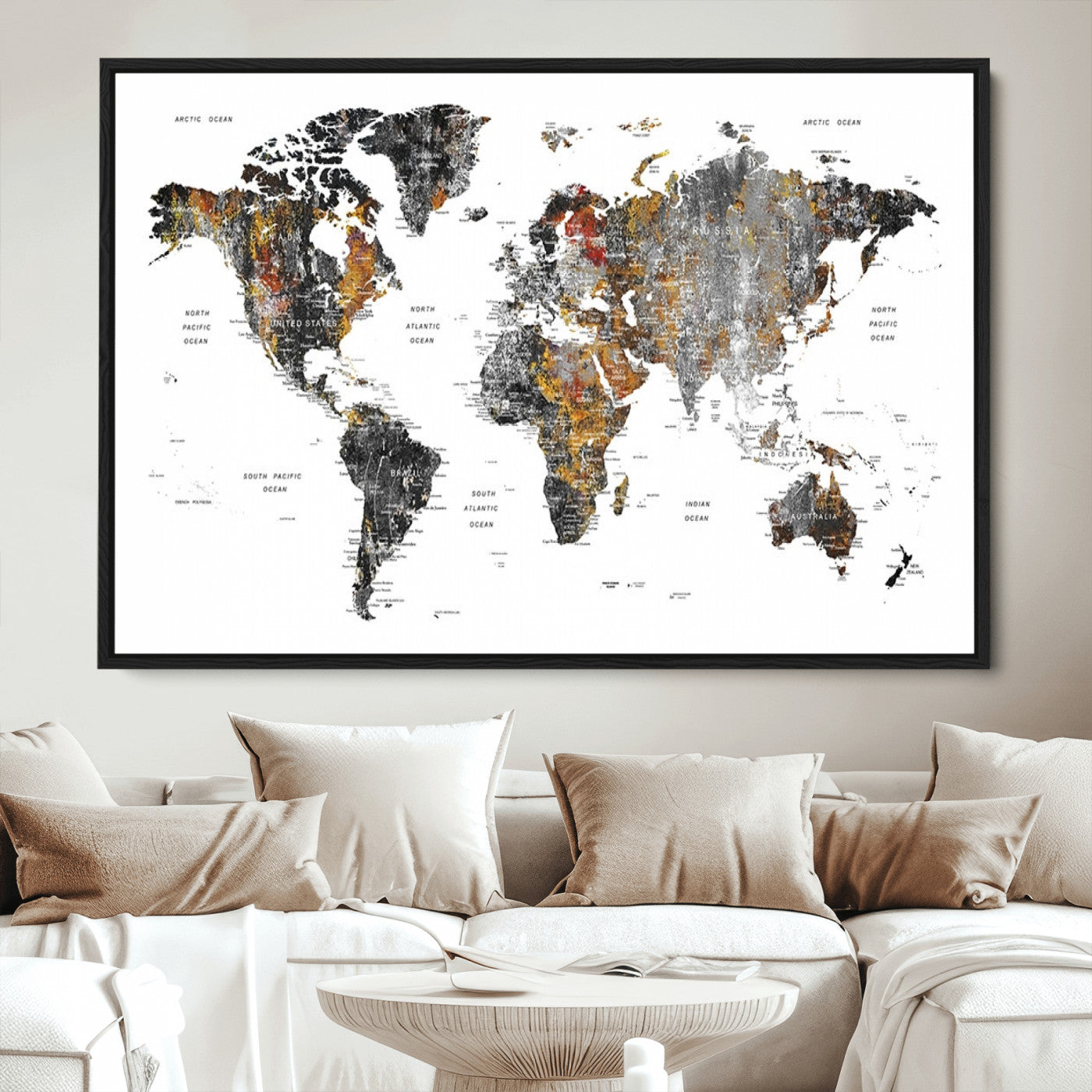Push Pin World Map Canvas Print – Framed Wall Art for Couples to Track Their Travels – Anniversary Gift or Home Adventure Decor