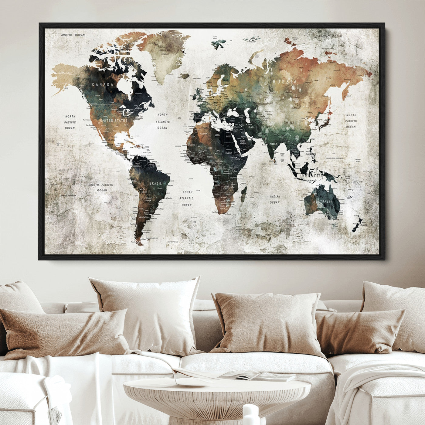 Push Pin World Map Canvas Print – Framed Wall Art for Couples to Track Their Travels – Anniversary Gift or Home Adventure Decor