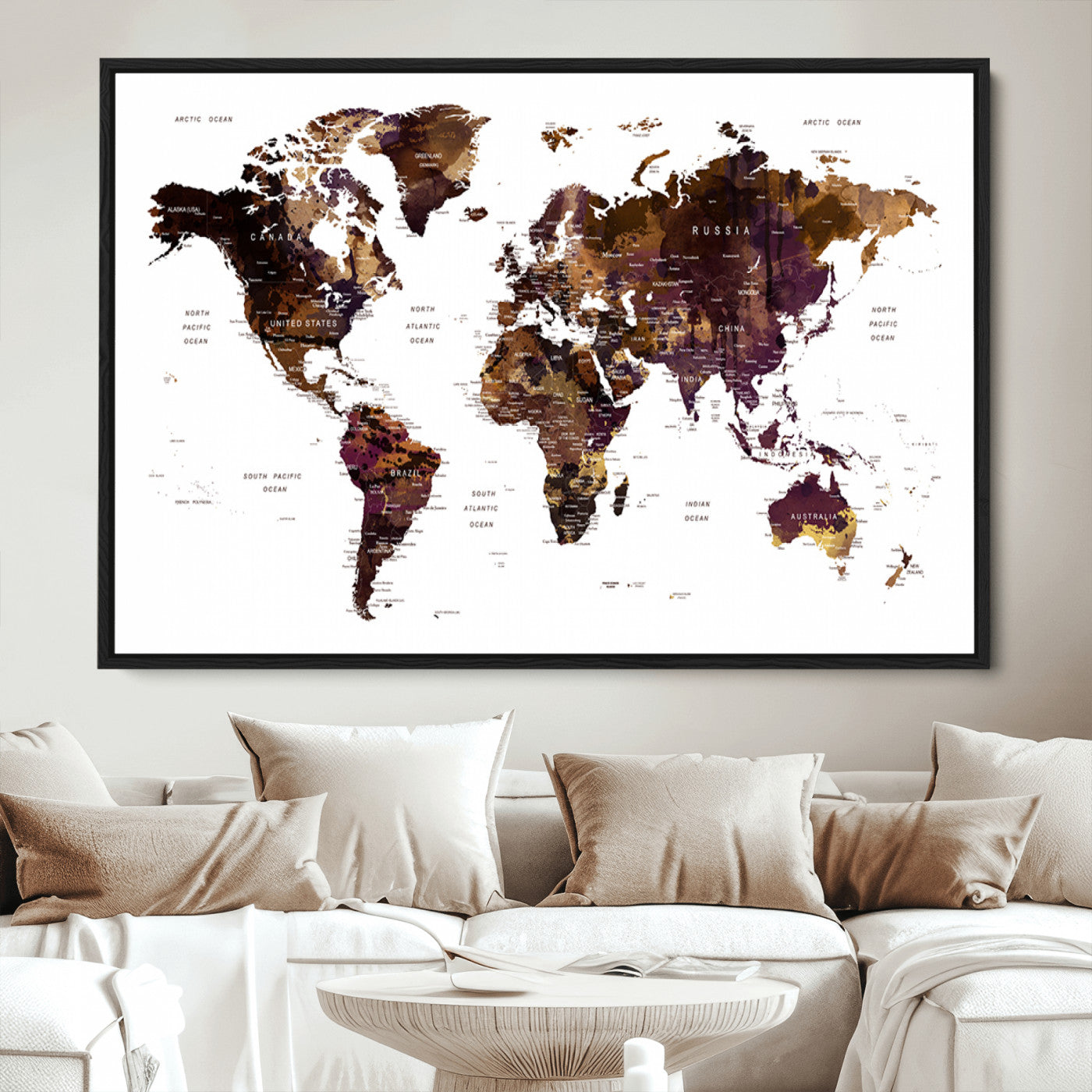 Push Pin World Map Canvas Print – Framed Wall Art for Couples to Track Their Travels – Anniversary Gift or Home Adventure Decor