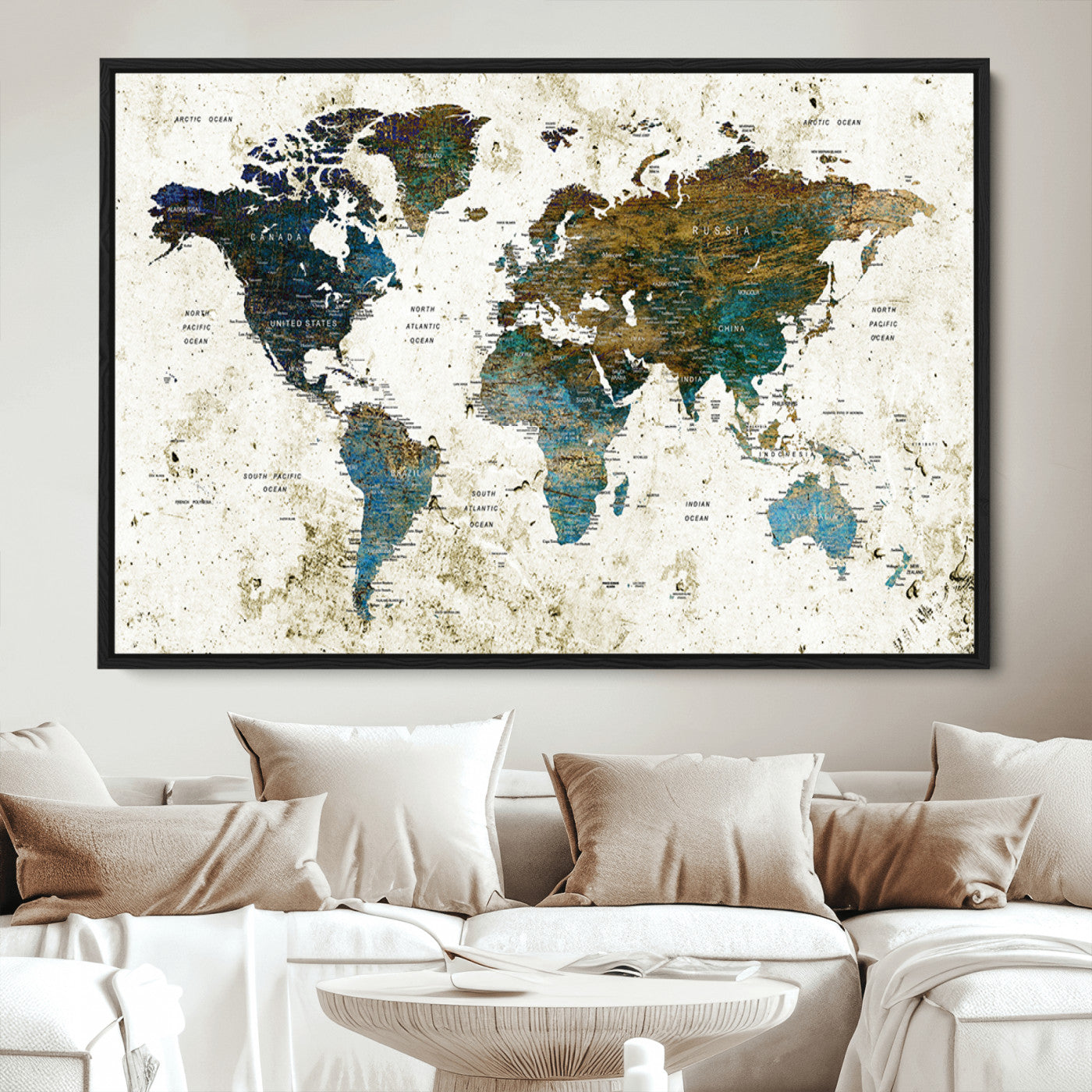 Push Pin World Map Canvas Print – Framed Wall Art for Couples to Track Their Travels – Anniversary Gift or Home Adventure Decor